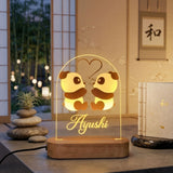 Shayona Gift Shop-Personalized Cute Couple Panda Acrylic LED Night Light - Custom Name Engraved 3D Illusion Lamp, Warm Glow Wooden Base, Aesthetic Bedside Desk Lamp