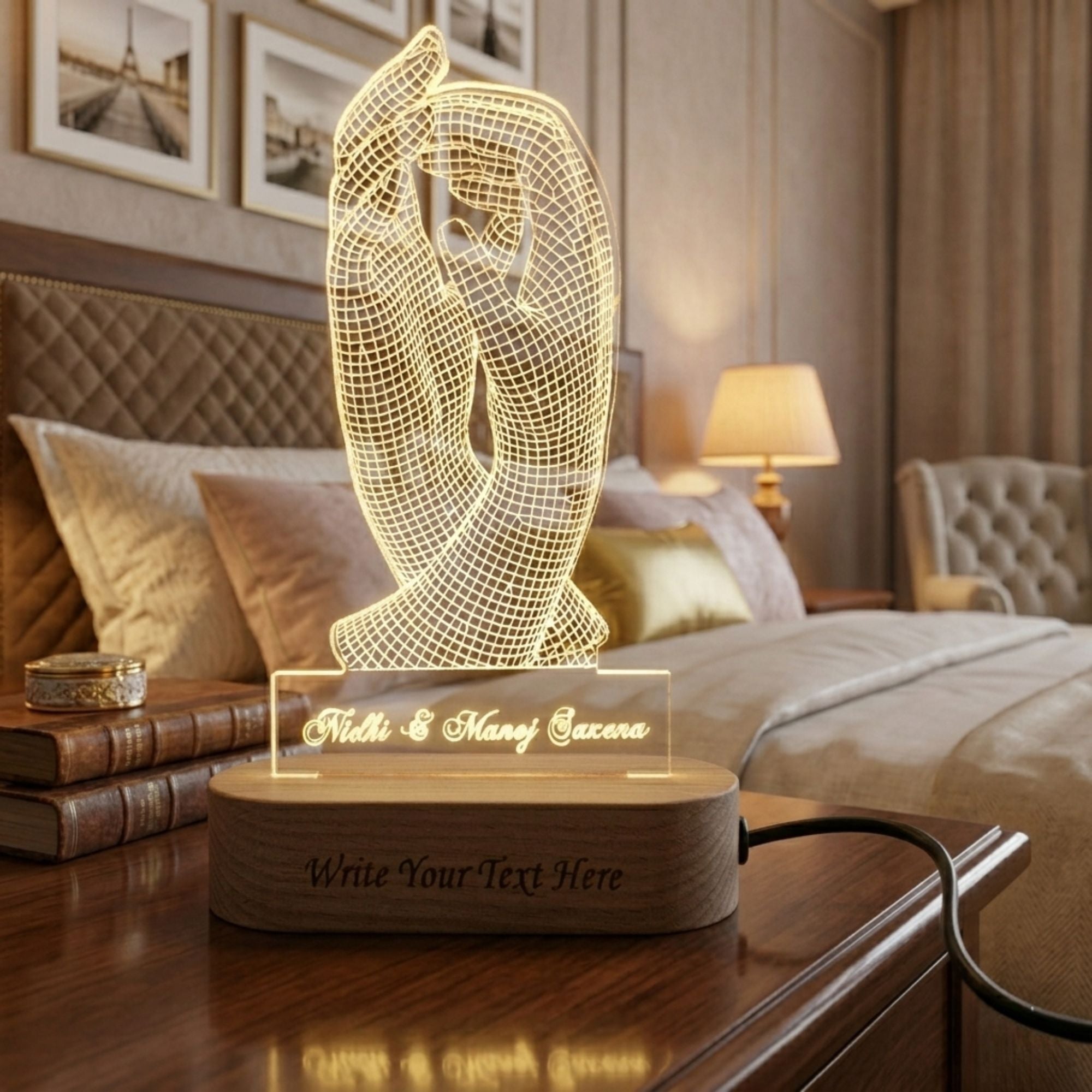Shayona Gift Shop-Personalized Holding Hands 3D Acrylic LED Night Light – Custom Name Couple Lamp with Engraved Wooden Base, Romantic Anniversary, Wedding & Valentine’s Day Gift