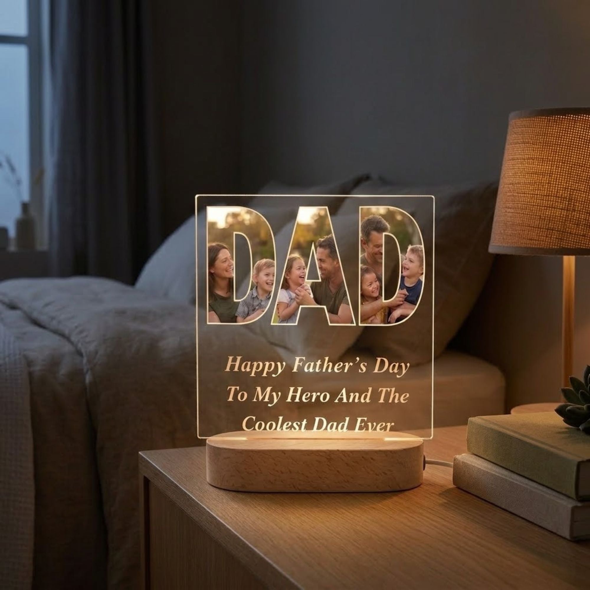 Shayona Gift Shop-Personalized Father's Day Photo Acrylic LED Lamp | Custom Dad Picture Night Light with Wooden Base | Happy Father's Day Gift for Dad, Papa, Daddy | Personalized Family Photo Desk Lamp