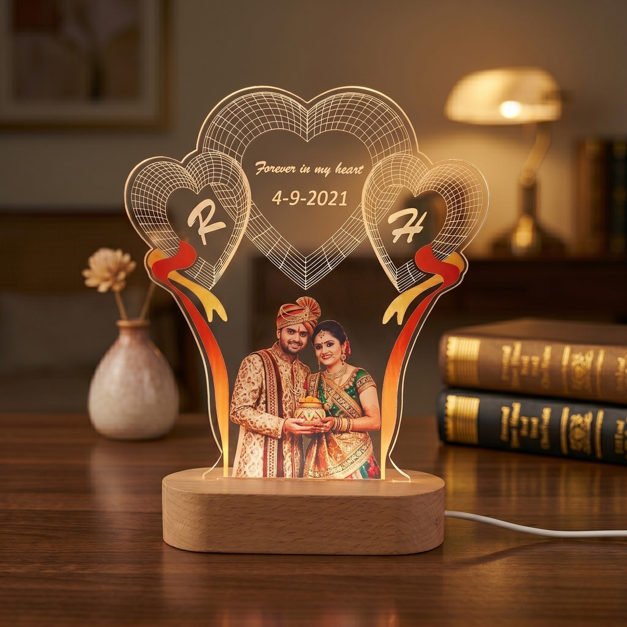 Shayona Gift Shop-Personalized Triple Heart Photo & Initial Acrylic LED Lamp – Custom Couple Photo, Initials, Date & Romantic Quote Night Light