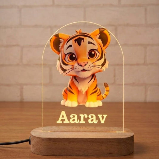 Shayona Gift Shop-Personalized Tiger LED Acrylic Night Light - Custom Engraved Name Animal Theme Lamp with Wooden Stand, USB Powered Warm Desktop Decor Light, High-End Return Gift Idea