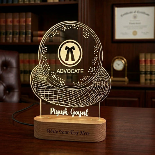 Shayona Gift Shop-Personalized Advocate LED Desk Lamp - Custom Engraved Lawyer Name Plate with Advocate Emblem & Wooden Lighted Base