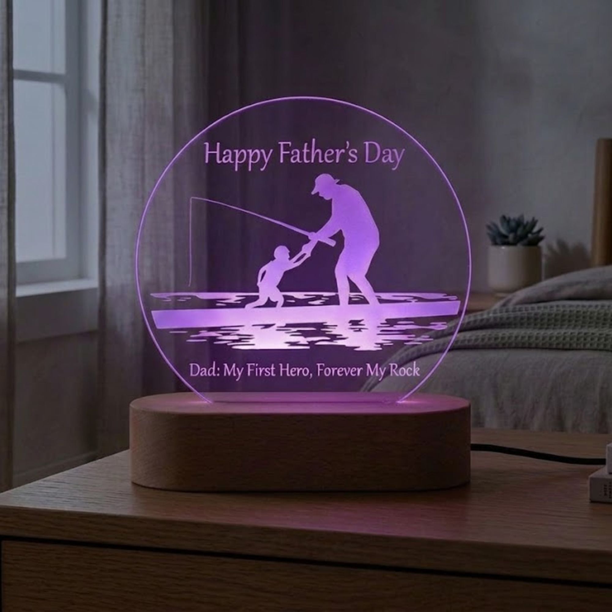 Shayona Gift Shop-Personalized Father's Day Acrylic LED Lamp | Dad My First Hero Forever My Rock Night Light Custom Engraved Acrylic Lamp with Wooden Base Gift for Father, Dad, Papa, Daddy