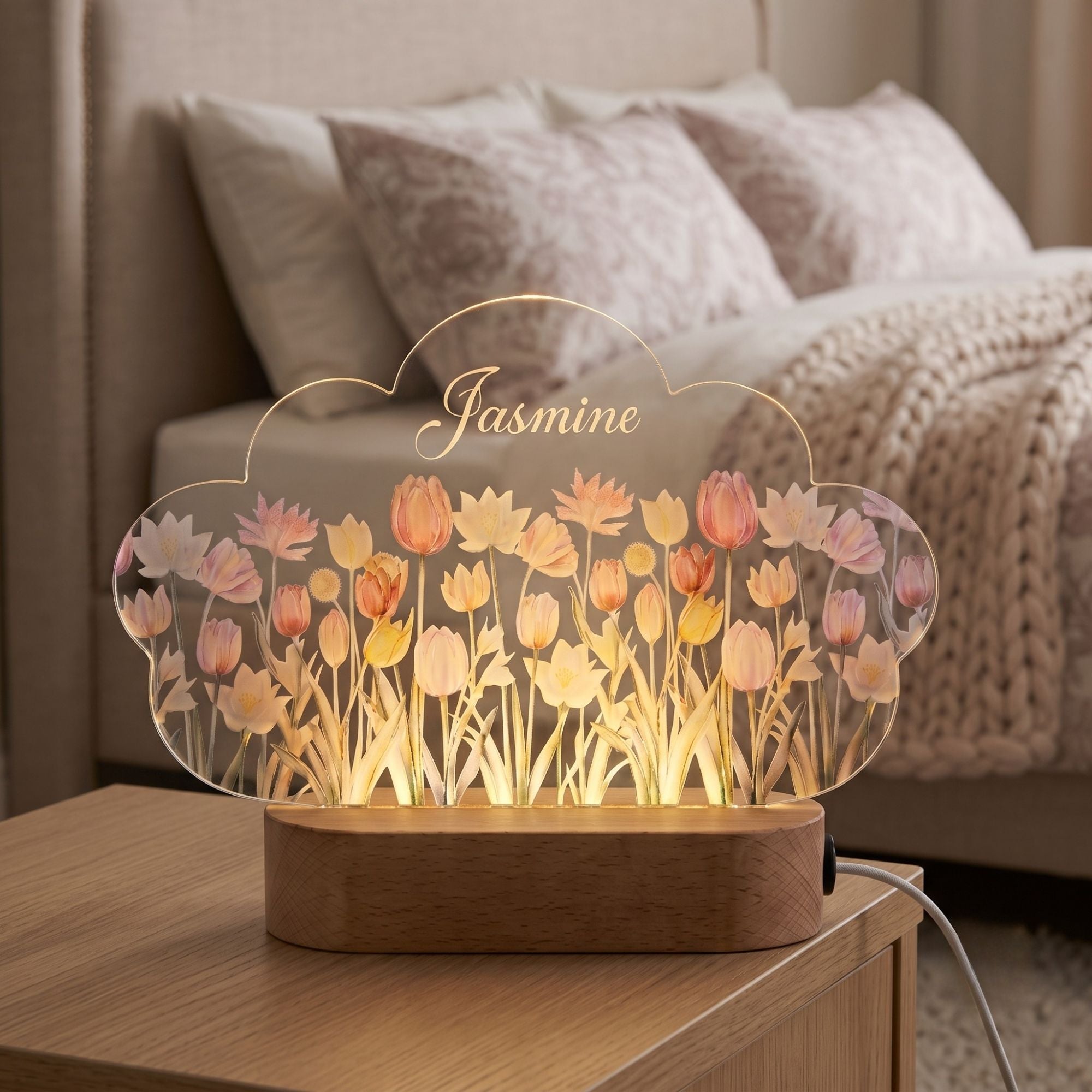 Shayona Gift Shop-Shayona Personalized Cloud-Shaped LED Night Lamp | Custom Name Floral Acrylic Light with Wooden Base | Decorative Gift for Kids, Girls, Birthday, Nursery
