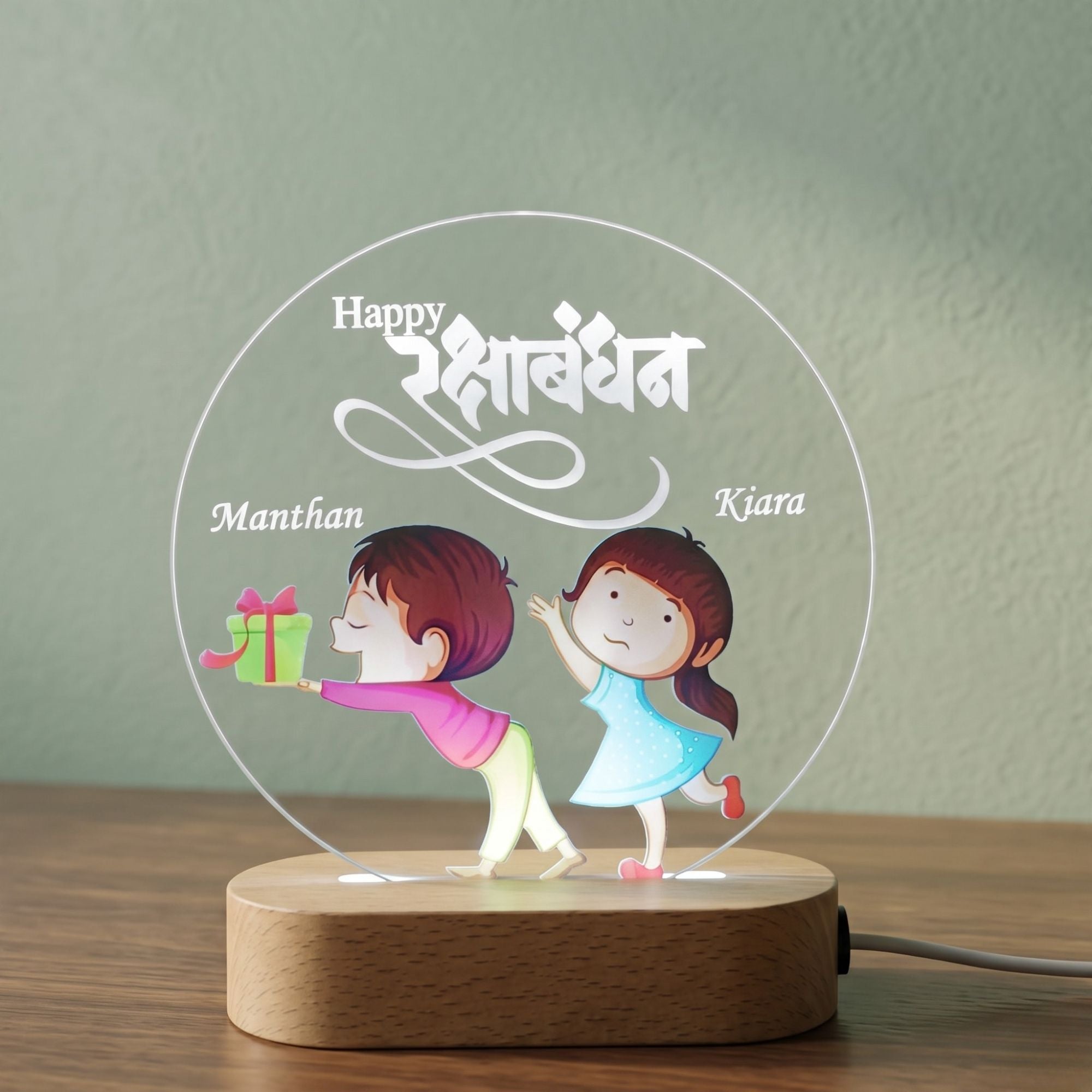 Shayona Gift Shop-Personalized Rakshabandhan Brother Sister Acrylic LED Night Light – Custom Engraved Name Lamp with Cute Brother Giving Gift Illustration & Wooden Base, Rakhi Gift for Sister & Brother
