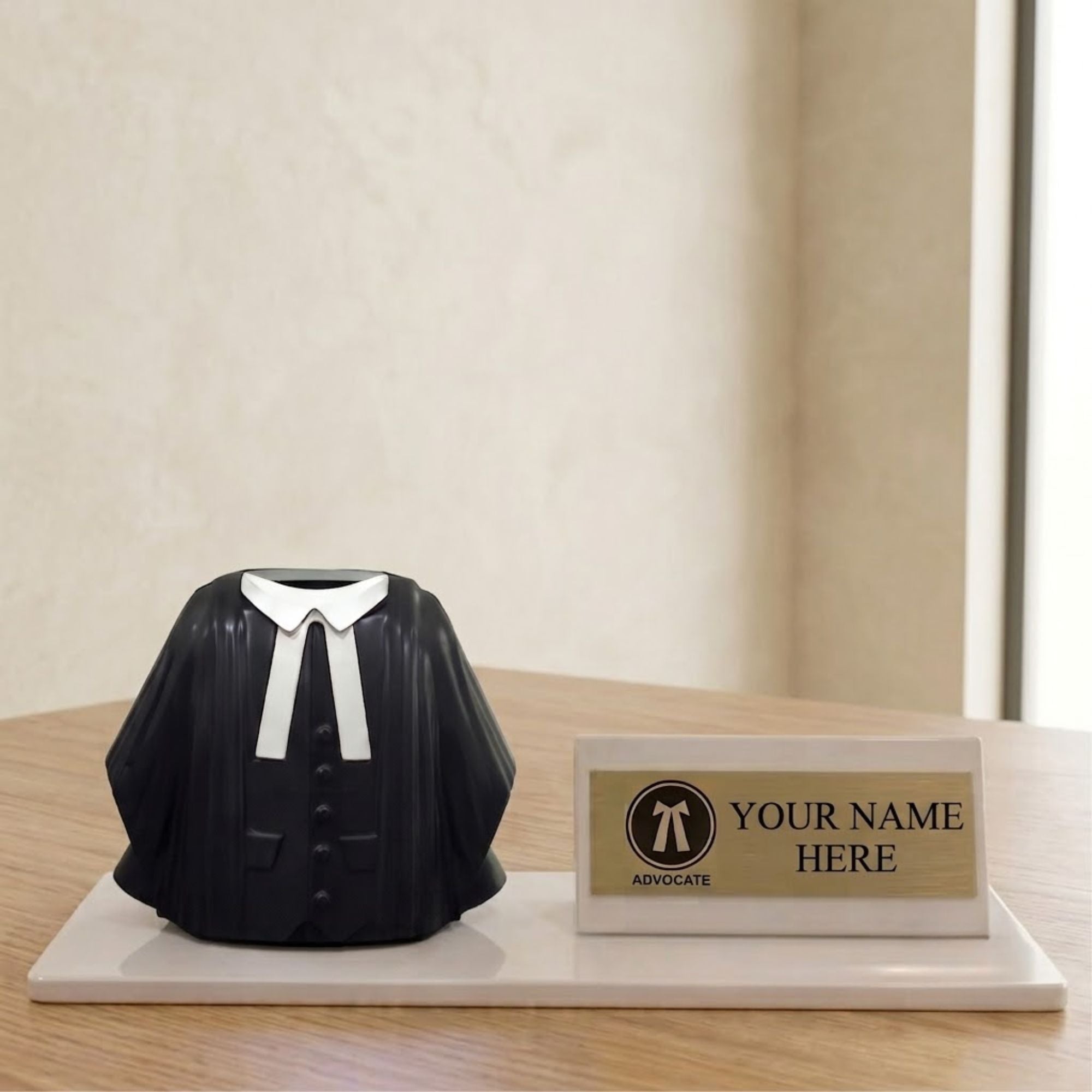 Shayona Gift Shop-Personalized Advocate Desk Name Plate with Lawyer Coat Pen Holder White color | Custom Name Plate for Lawyers | Office Table Gift