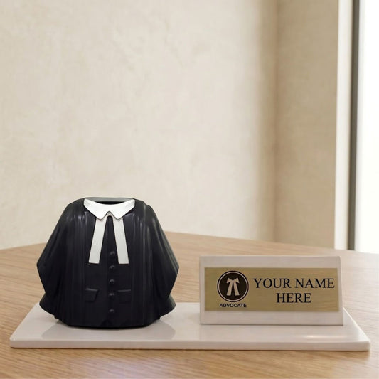 Shayona Gift Shop-Personalized Advocate Desk Name Plate with Lawyer Coat Pen Holder White color | Custom Name Plate for Lawyers | Office Table Gift