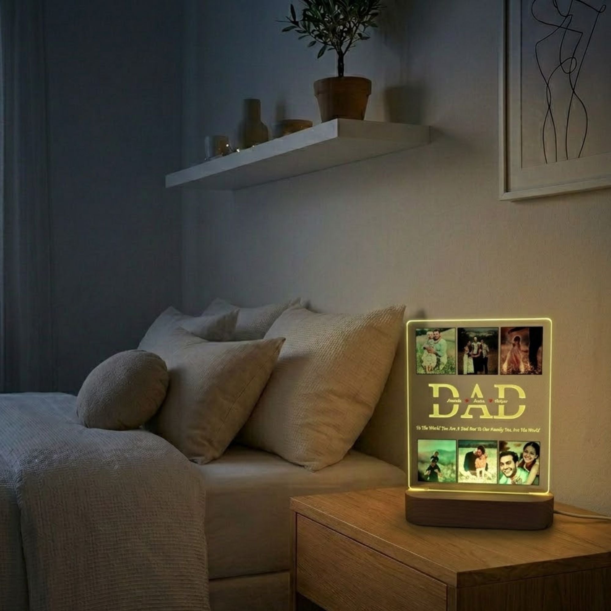 Shayona Gift Shop-Personalized Dad Photo Grid Acrylic LED Night Light | Custom Father's Day Photo Frame Lamp with Children's Names & Wooden Base | Meaningful Gift for Dad & Husband