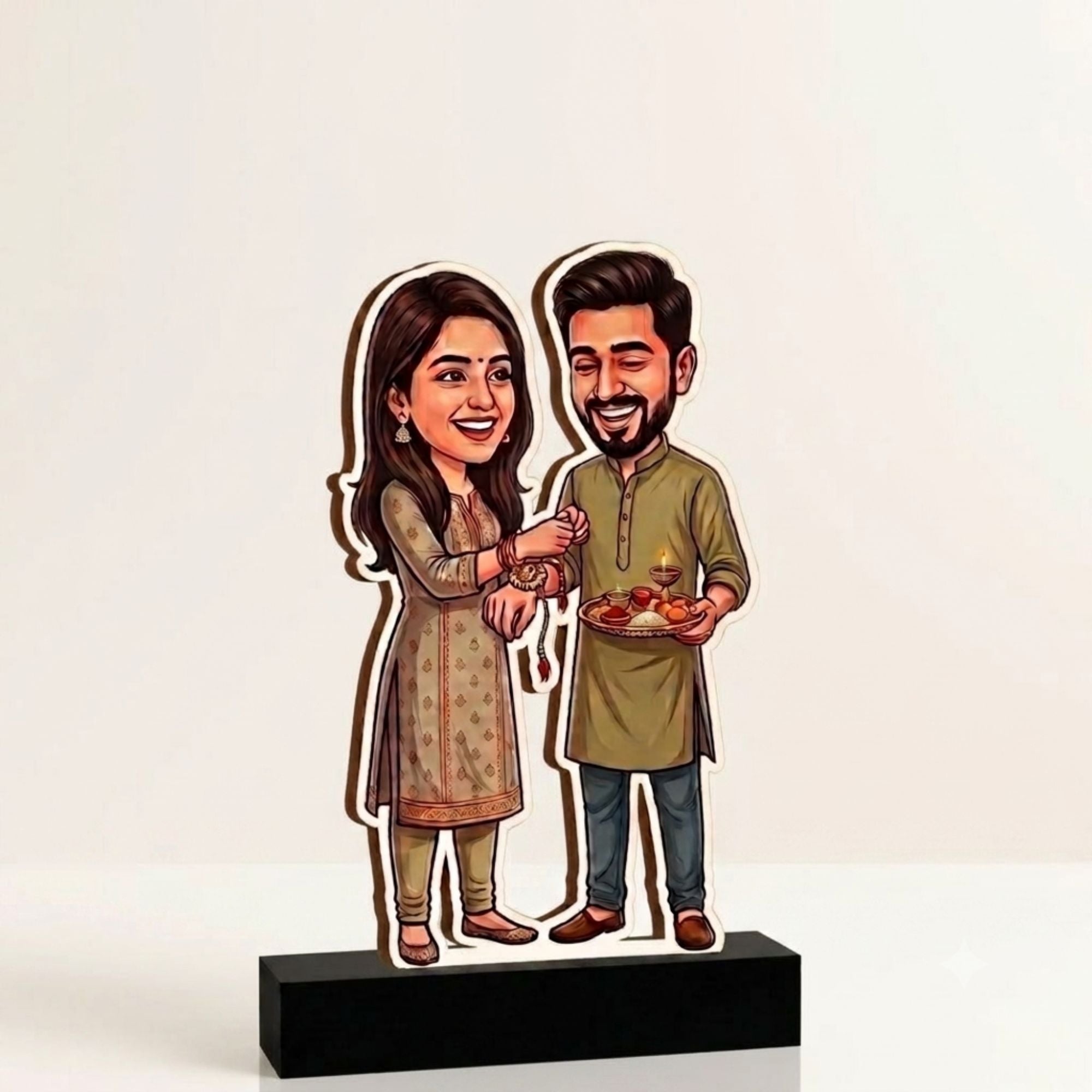 Shayona Gift Shop Personalized Raksha Bandhan Caricature Stand | Brother & Sister Rakhi Gift Tabletop Decor | "Sweet Bond, Sibling Love" Wooden Plaque
