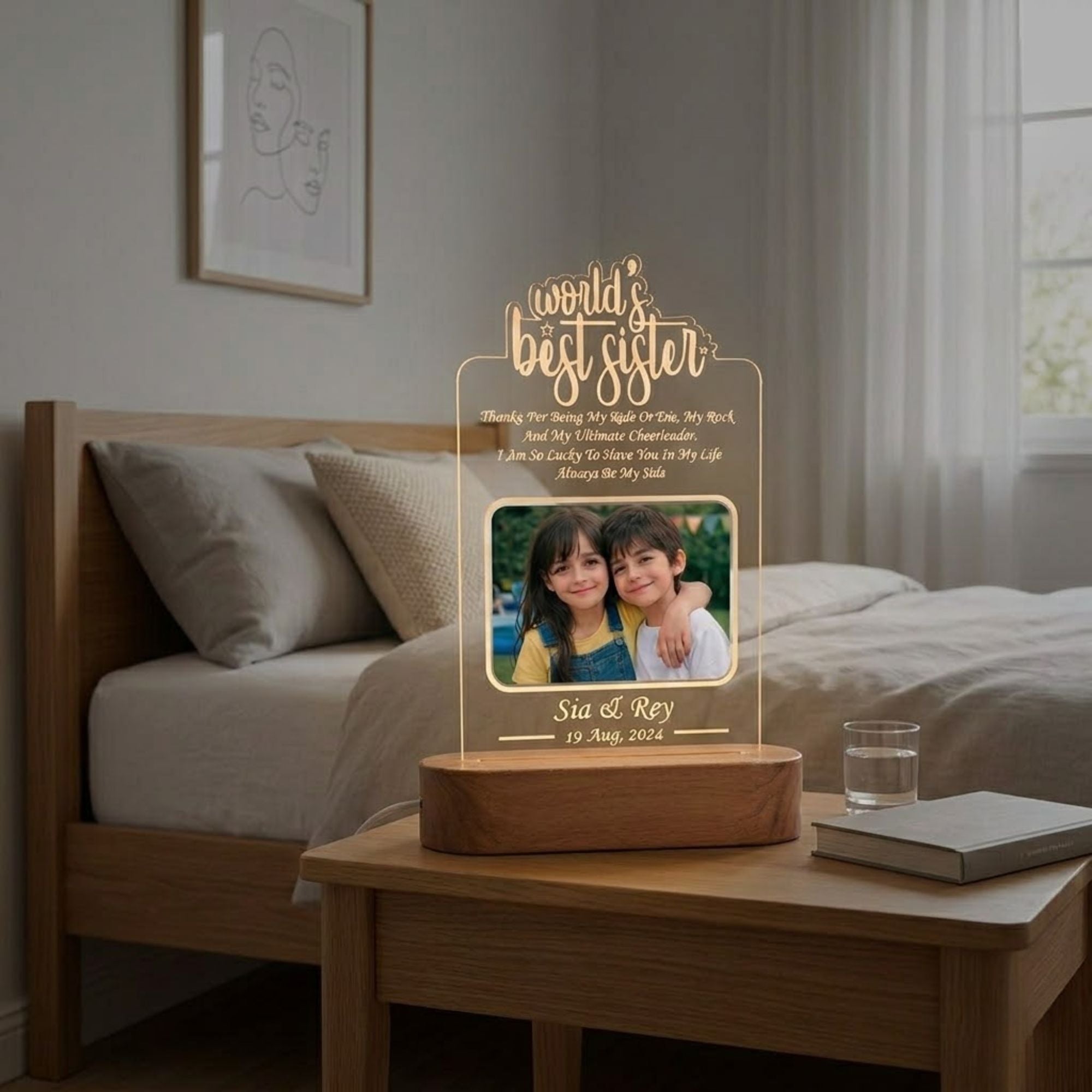 Shayona Gift Shop- Soul Sister Personalized 3D Illusion Led Photo Lamp Multicolor with Remote Control Gift for Sister on Rakshabandhan, Rakhi, Birthday, Sisters day and many other special occasions (28*18 CM) (Dear Sister)