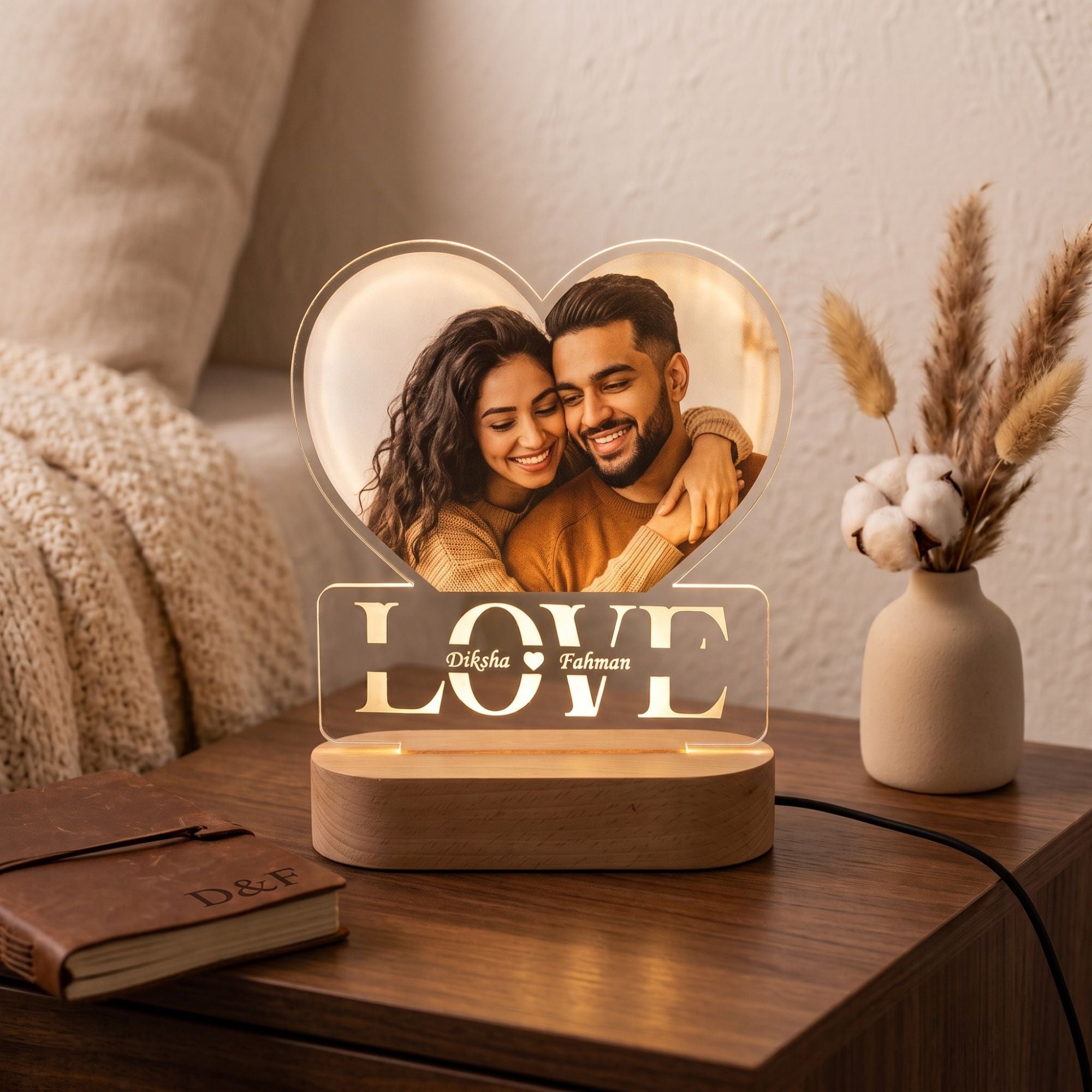 Shayona Gift Shop -Personalized Heart Photo Acrylic LED Light Lamp with Custom Names & Wooden Base – Romantic Gift for Anniversary, Birthday, & Valentine’s Day