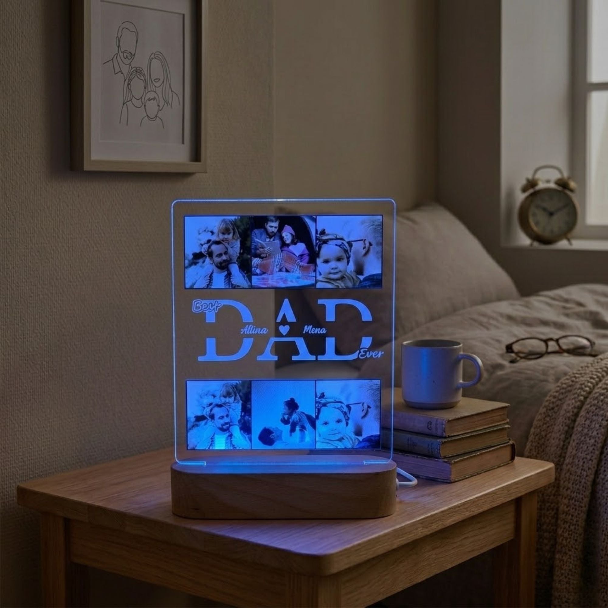 Shayona Gift Shop-Personalized Dad Photo Acrylic LED Lamp with Wooden Base – Customized Best Dad Ever Acrylic Light Plaque Frame for Father's Day, Birthday & Home Decor