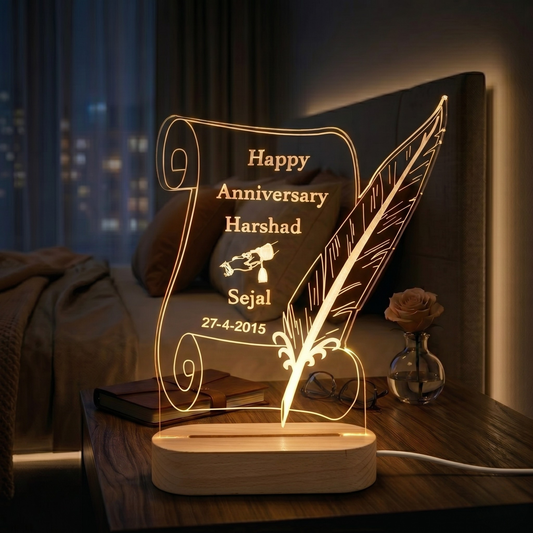 Shayona Gift Shop-Personalized Vintage Scroll & Feather Quill Acrylic LED Lamp – Custom Couple Names, Date & Anniversary Night Light Keepsake