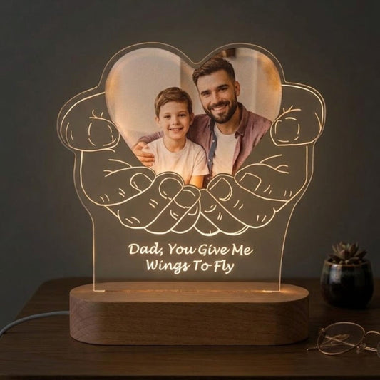 Shayona Gift Shop-Personalized Custom Photo Night Light for Dad – 3D Hands Holding Heart LED Acrylic Lamp with Wooden Base, Engraved Picture & Custom Message, Meaningful Father's Day
