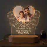 Shayona Gift Shop-Personalized Custom Photo Night Light for Dad – 3D Hands Holding Heart LED Acrylic Lamp with Wooden Base, Engraved Picture & Custom Message, Meaningful Father's Day