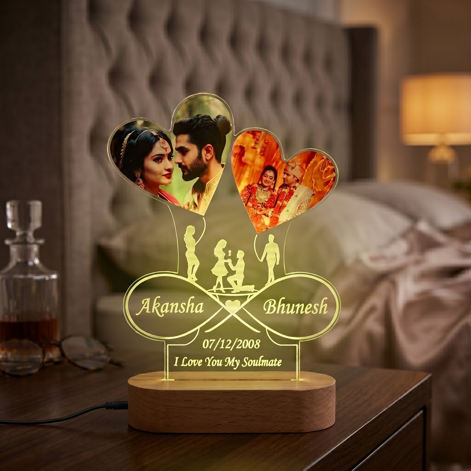 Shayona Gift Shop-Personalized Dual Heart Photo Acrylic LED Lamp | Custom Couple Infinity Name & Anniversary Date Desk Light with Wooden Base | Romantic Gift for Valentine's Day, Anniversary & Wedding
