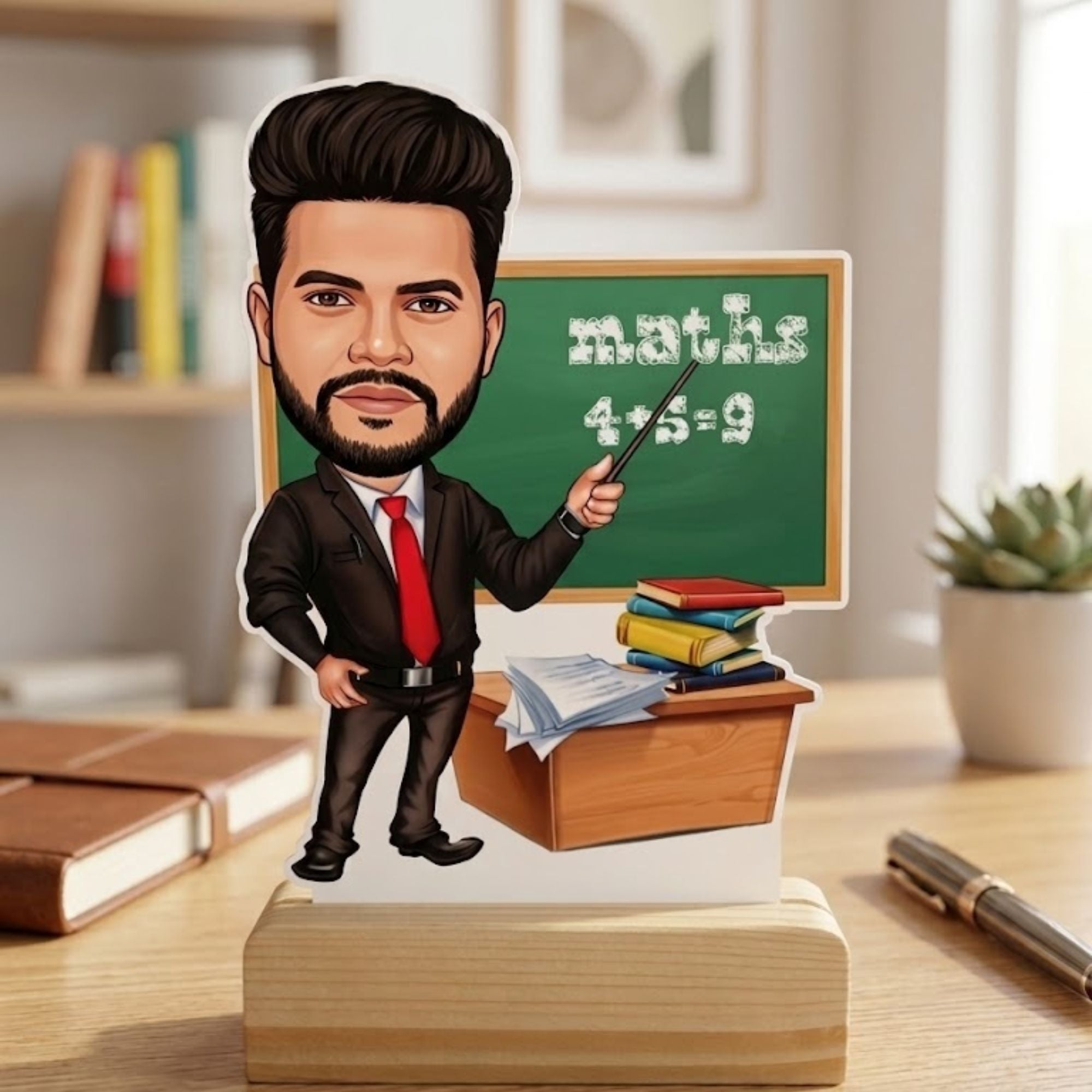 Shayona Gift Shop-Personalized Teacher Caricature Photo Standee with Wooden Base | Custom Teacher Acrylic Desk Stand | Unique Teacher Appreciation Gift, Birthday & Farewell Keepsake