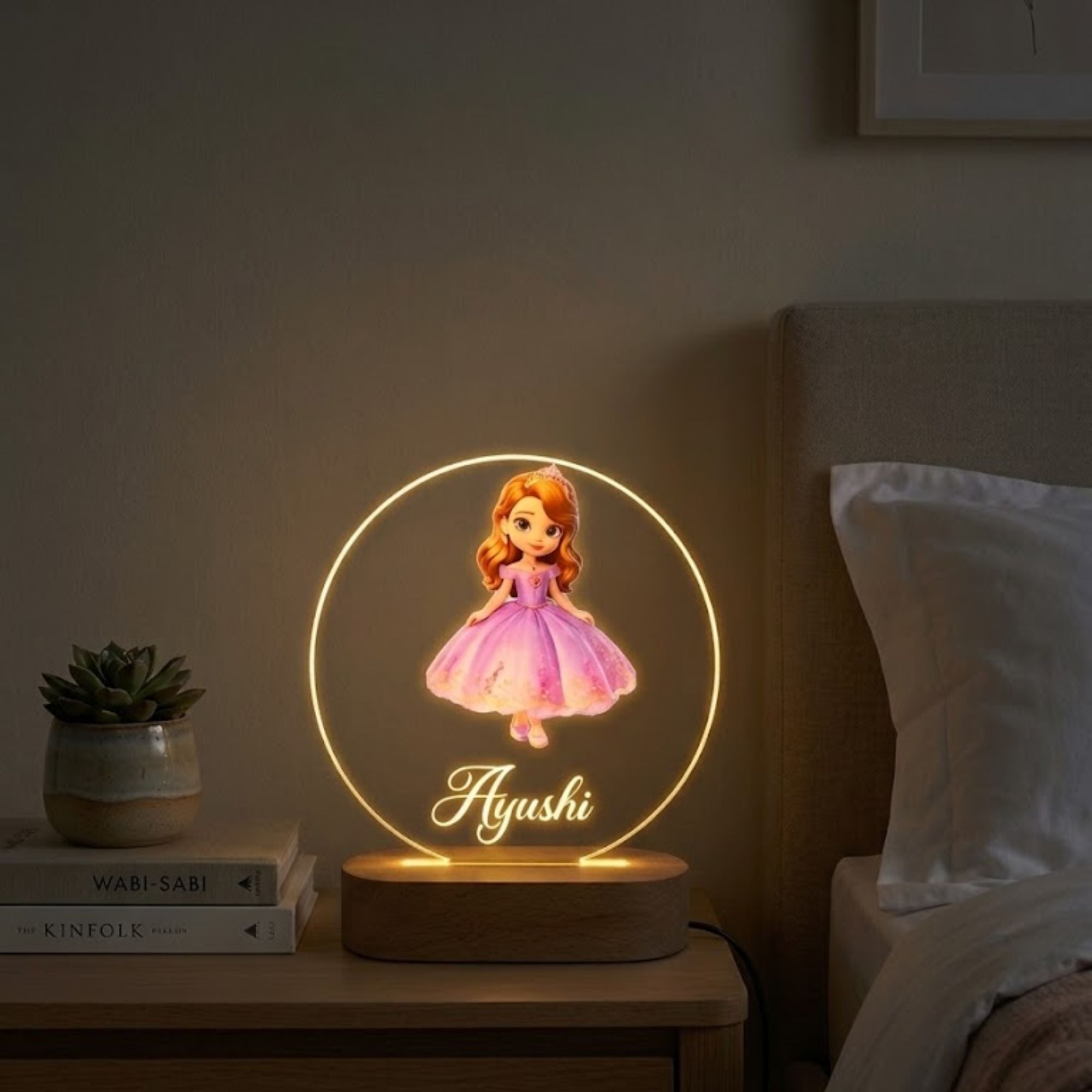 Shayona Gift Shop-Personalized Princess Night Light for Girls – Custom Name 3D LED Acrylic Bedside Lamp with Wooden Base, Warm Glowing Fairy Tale Desk Light for Kids Bedroom, Nursery Decor, Birthday & Baby Shower Gift