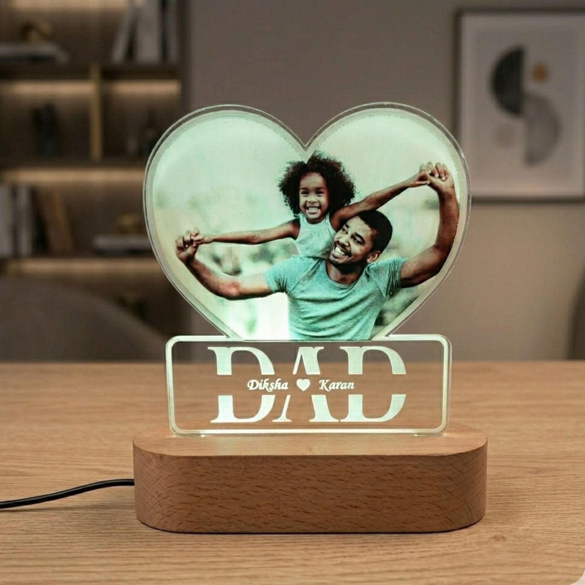 Shayona Gift Shop-Personalized LED Acrylic Lamp with Photo & Names – Heart Shape "DAD" Gift for Father, Birthday, Anniversary, Father’s Day