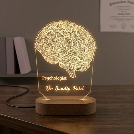 Shayona Gift Shop-Personalized Brain 3D Acrylic LED Desk Lamp – Custom Psychologist & Neurologist Name Plate Night Light with Wooden Base, Graduation & Professional Gift for Doctors