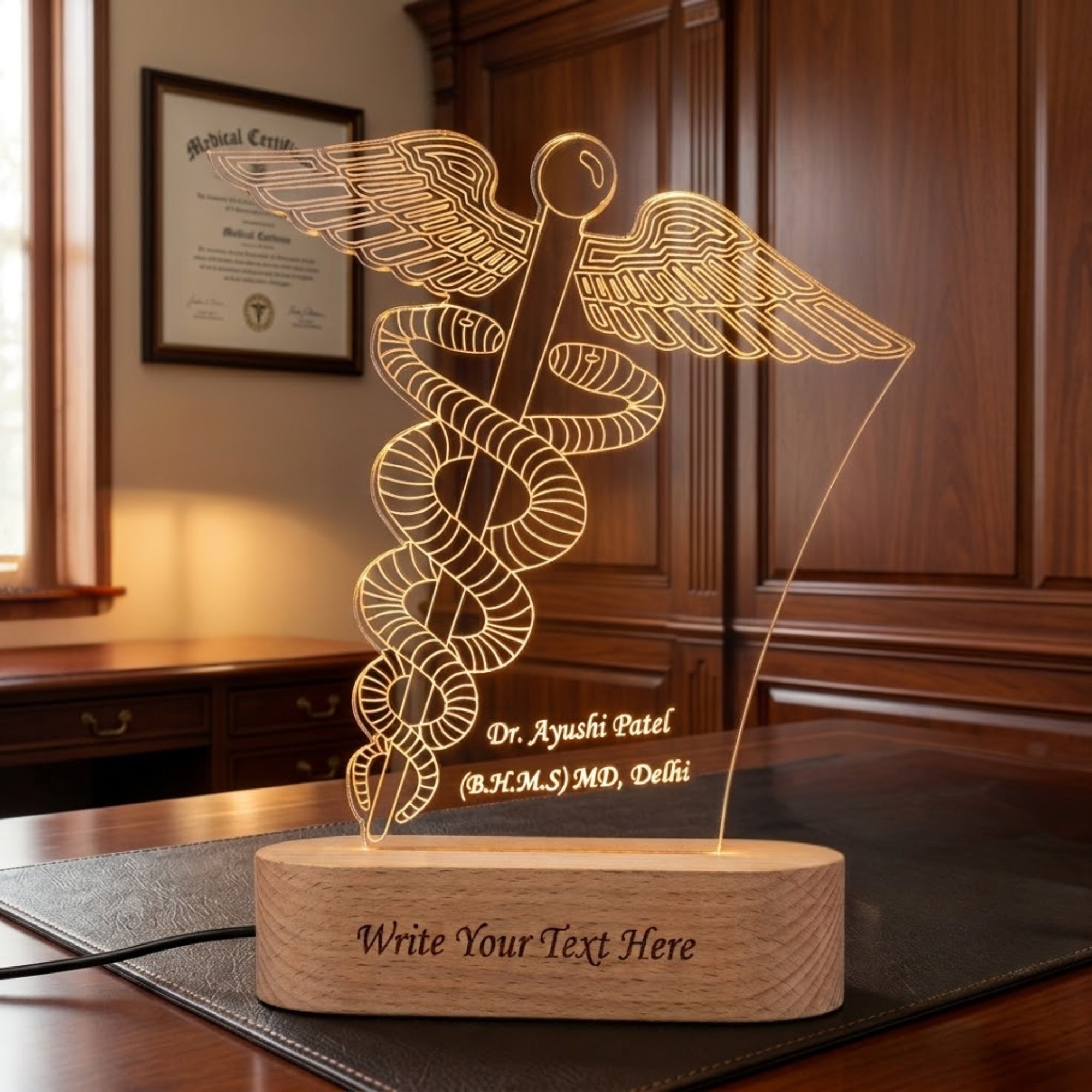 Shayona Gift Shop-Personalized Caduceus Medical Symbol 3D LED Night Light | Custom Doctor Name & Degree Engraved Acrylic Desk Lamp with Wooden Base | Unique Gift for Doctors, Surgeons & Medical Students