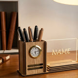 Shayon Gift Shop-Personalized LED Name Plate Desk Organizer with Pen Stand and Analog Clock - Premium Wooden Office Accessory & Corporate Gift