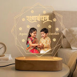 Shayona Gift Shop-Personalized Rakshabandhan Photo Acrylic LED Lamp with Wooden Base – Custom Brother Sister Photo Geometric Light Plaque for Rakhi, Birthday & Keepsake Gift