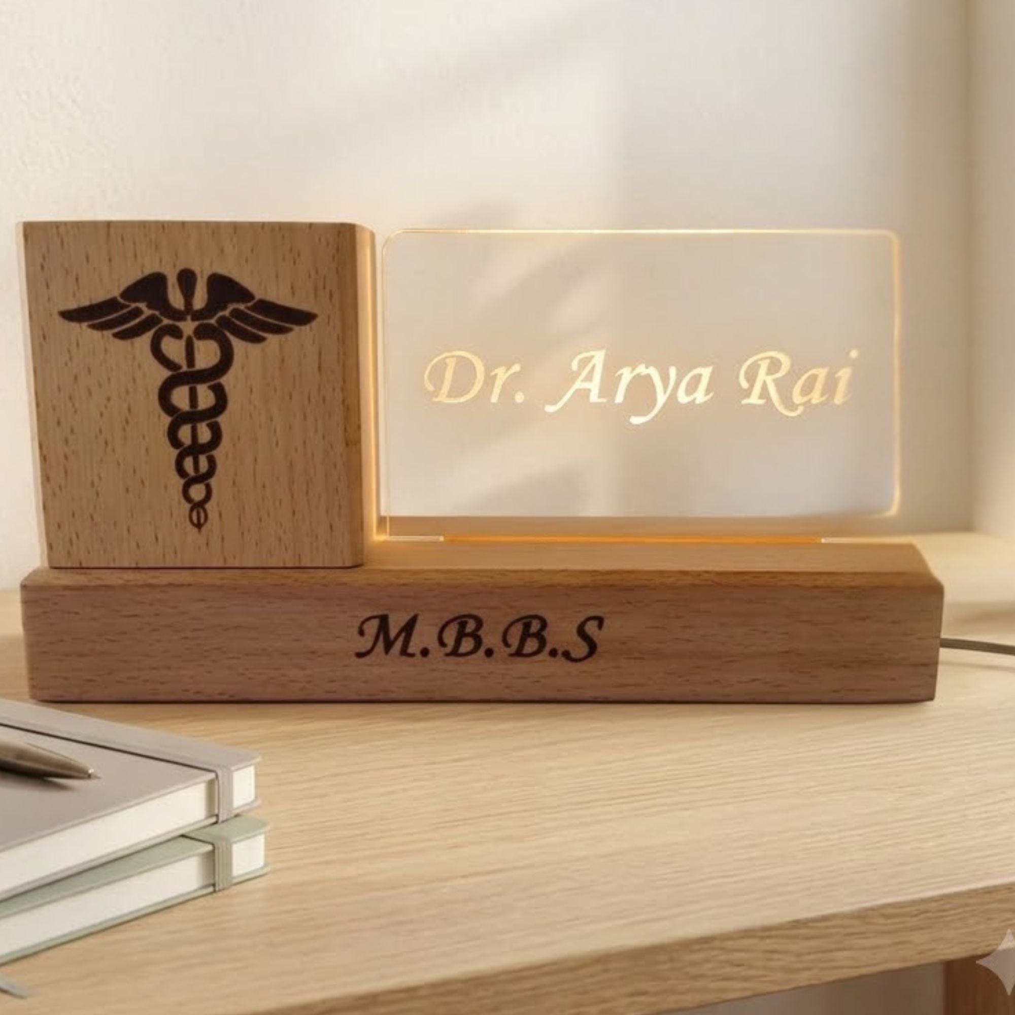 Shayona Gift Shop-Personalized Wooden Desk Organizer with LED Acrylic Doctor Nameplate & Pen Stand
