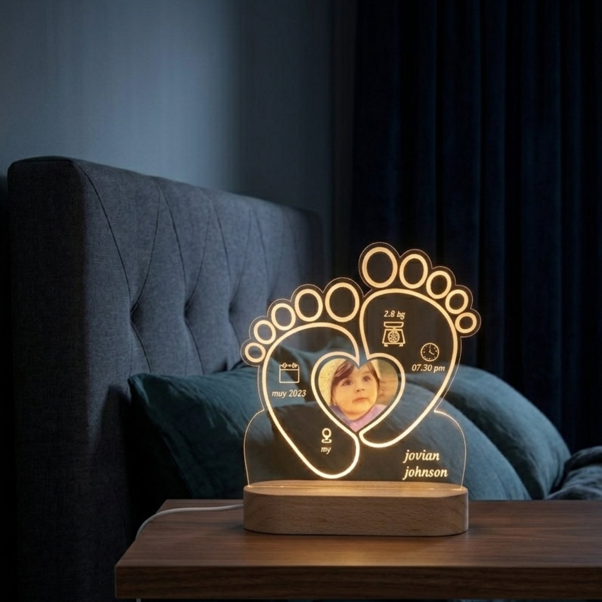 Shayona Gift Shop-Personalized Baby Birth Stats Night Light | Custom Newborn Footprint Acrylic Lamp with Photo | Nursery Decor Gift