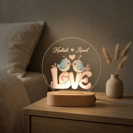 Shayona Gift Shop-Personalized Love Bird LED Lamp | Custom Couple Name Acrylic Light | Romantic Gift with Wooden Base