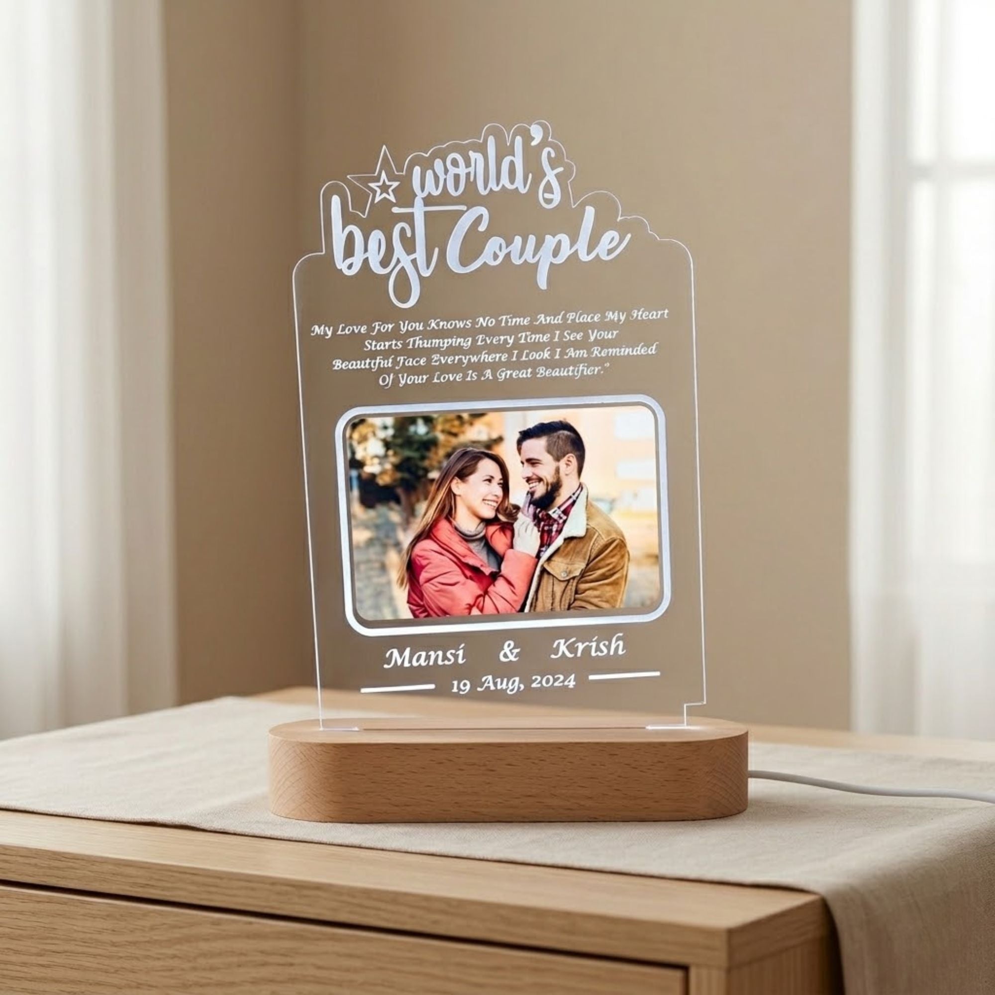 Shayona Gift Shop -Acrylic LED Photo Lamp with Engraved Quote, Custom Names & Date – RGB Remote Control Night Light Gift for Anniversary & Valentine's Day  Product Description