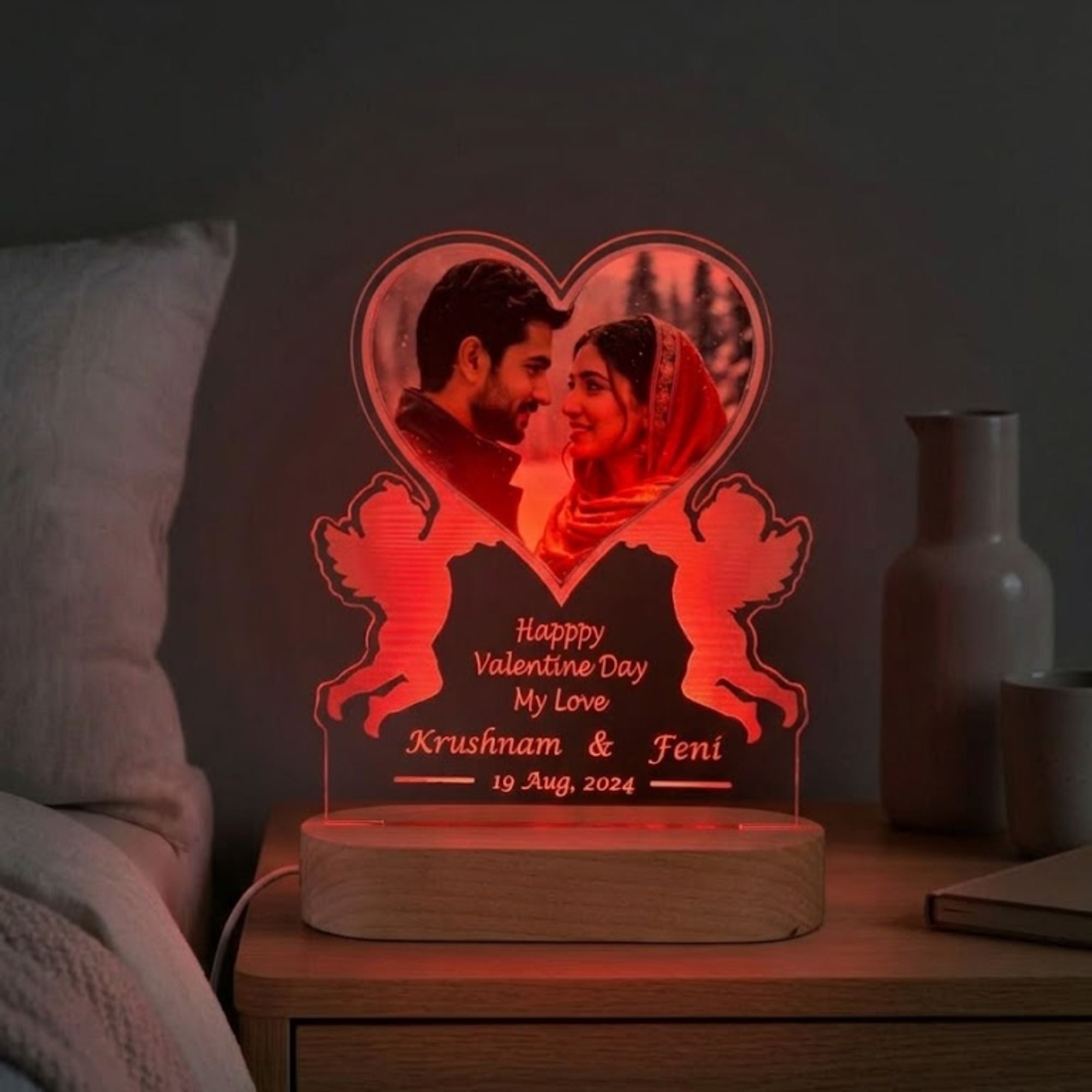 Shayona Gift Shop-Personalized Custom Photo Night Light for Couples – 3D Heart & Angel LED Acrylic Lamp with Wooden Base, Engraved Names, Date & Message, Romantic Bedside Decor Gift for Valentine's Day, Anniversary