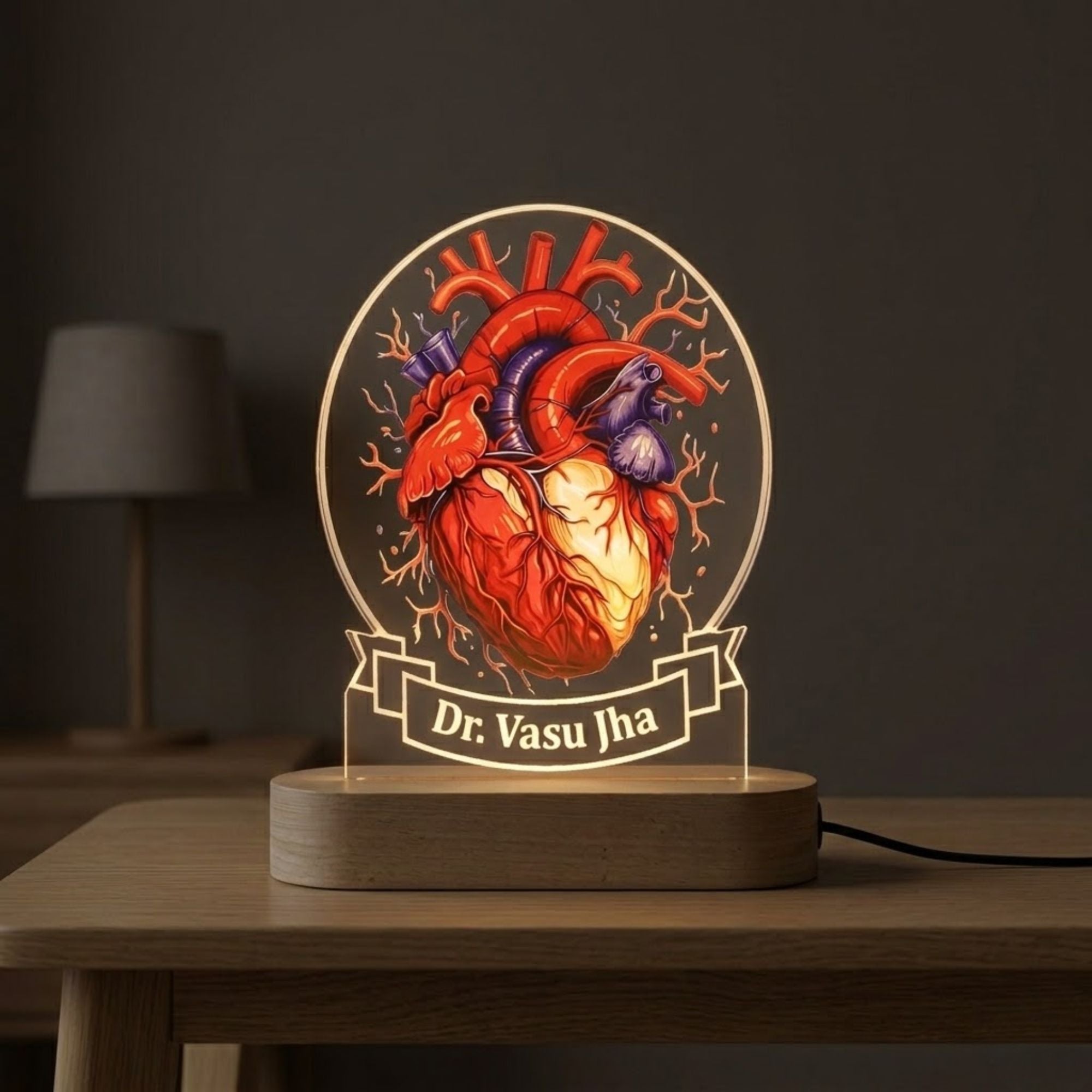 Shayona Gift Shop-Shayona Personalized Anatomical Heart LED Night Lamp | Custom Name Acrylic Lamp with Wooden Base | Gift for Doctors, Cardiologists, Medical Students