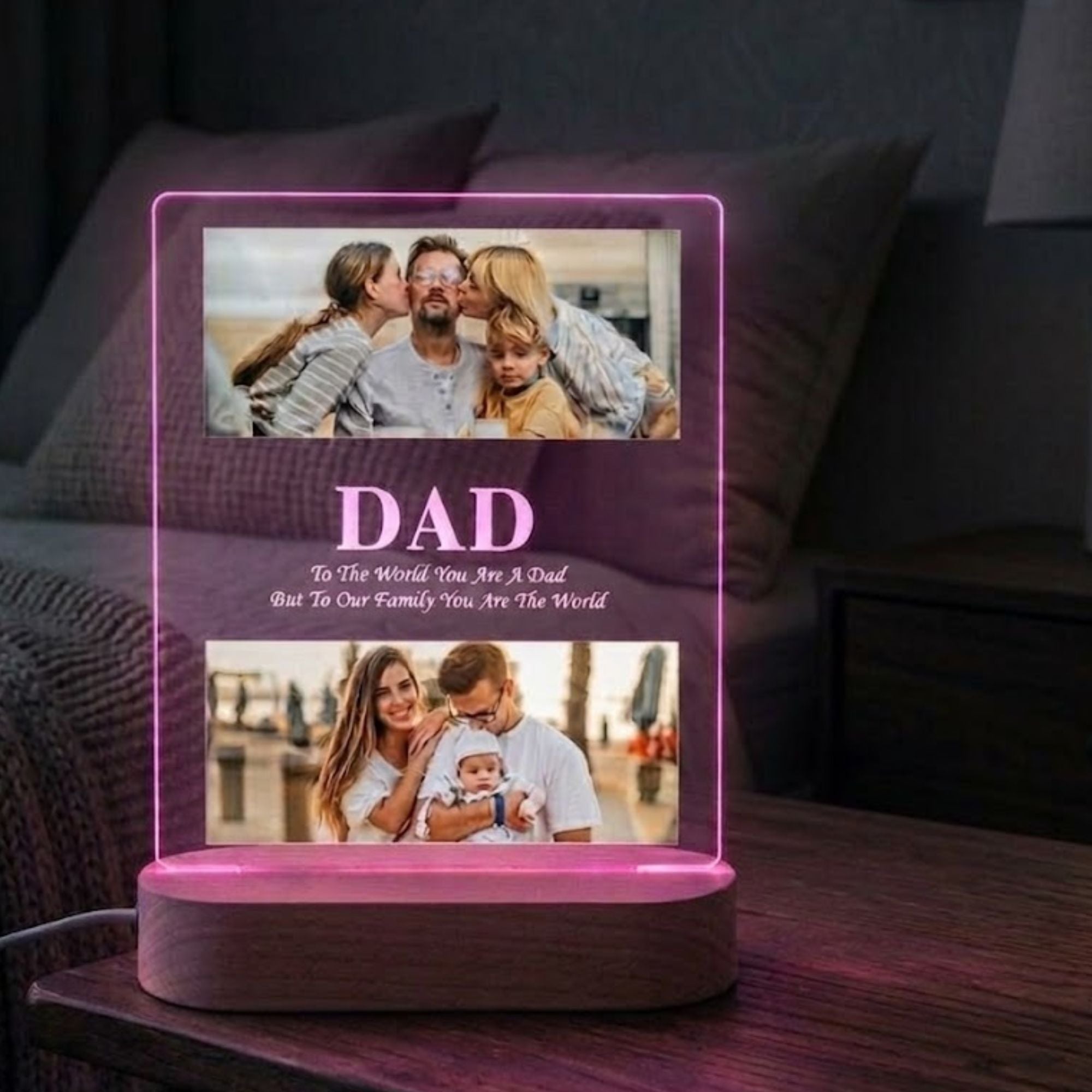 Shayona Gift Shop-Personalized LED Acrylic Photo Frame for Dad | Double Photo | Wooden Base | Warm Light Gift for Father’s Day & Birthday