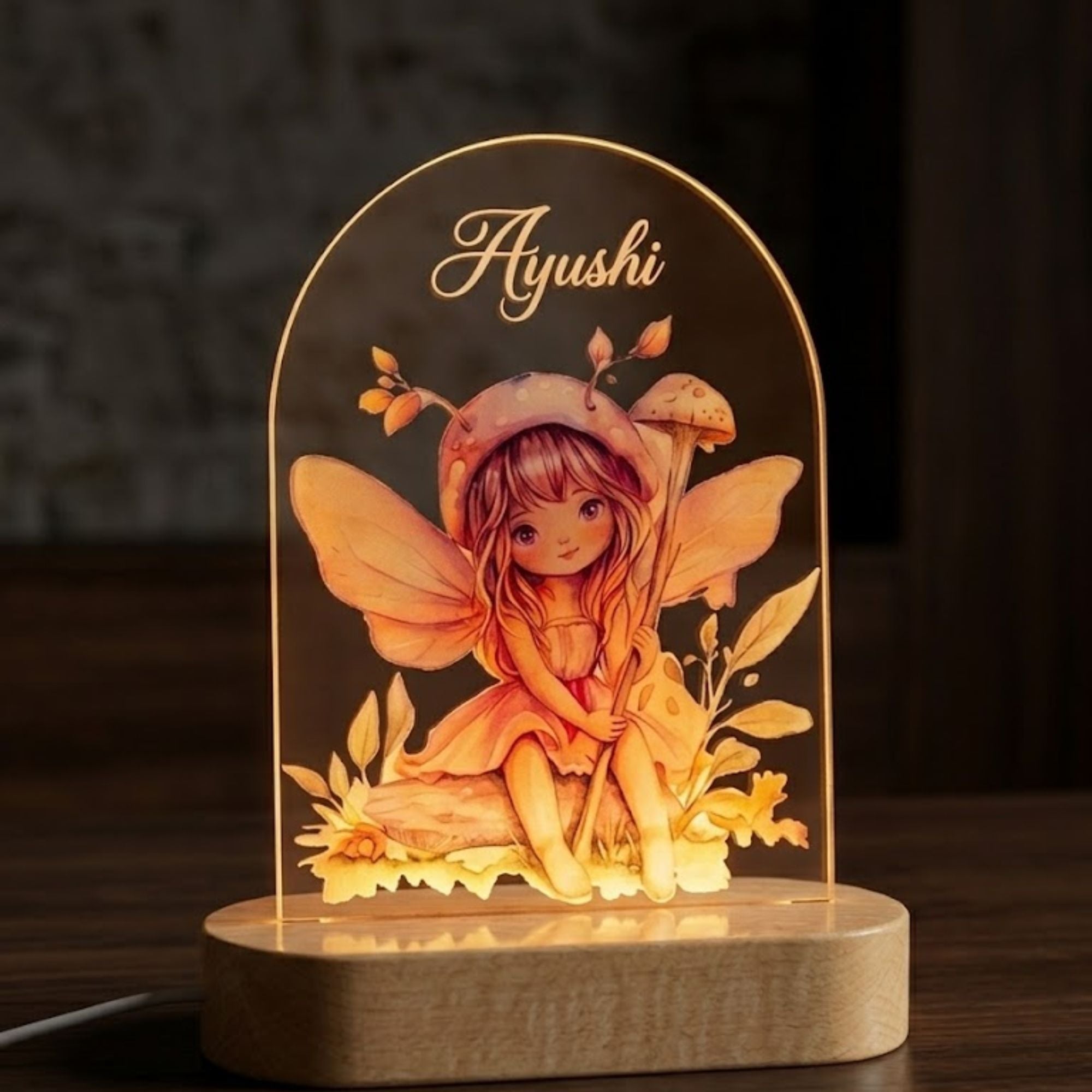 Custom Name Cute Fairy & Mushroom Arch Acrylic LED Lamp with Wooden Base | Personalized 3D Nightlight, Warm Bedside Table Decorative Light for Children’s Room, Unique Birthday Gift