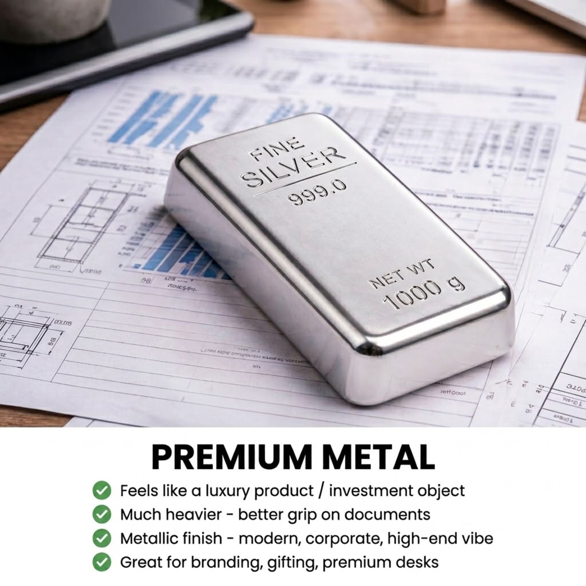 SHAYONA Silver Bar Shape Metal Paper Weight for Office Desk | Premium Decorative Paper Holder for Home & Office