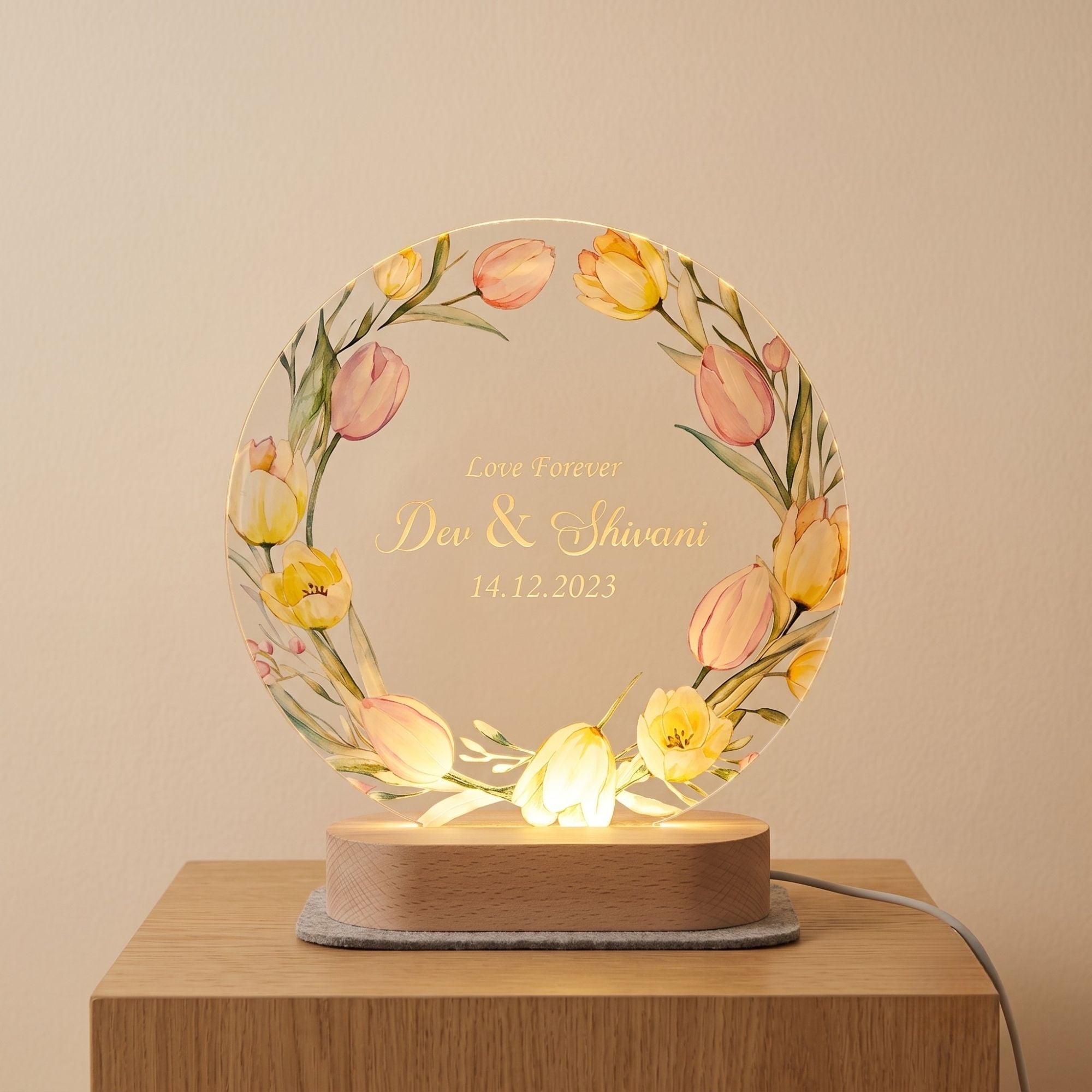 Shayona Gift Shop-Personalized LED Acrylic Night Lamp with Wooden Base | Custom Name & Date | Romantic Gift for Couples, Anniversary, or Wedding – Floral Design
