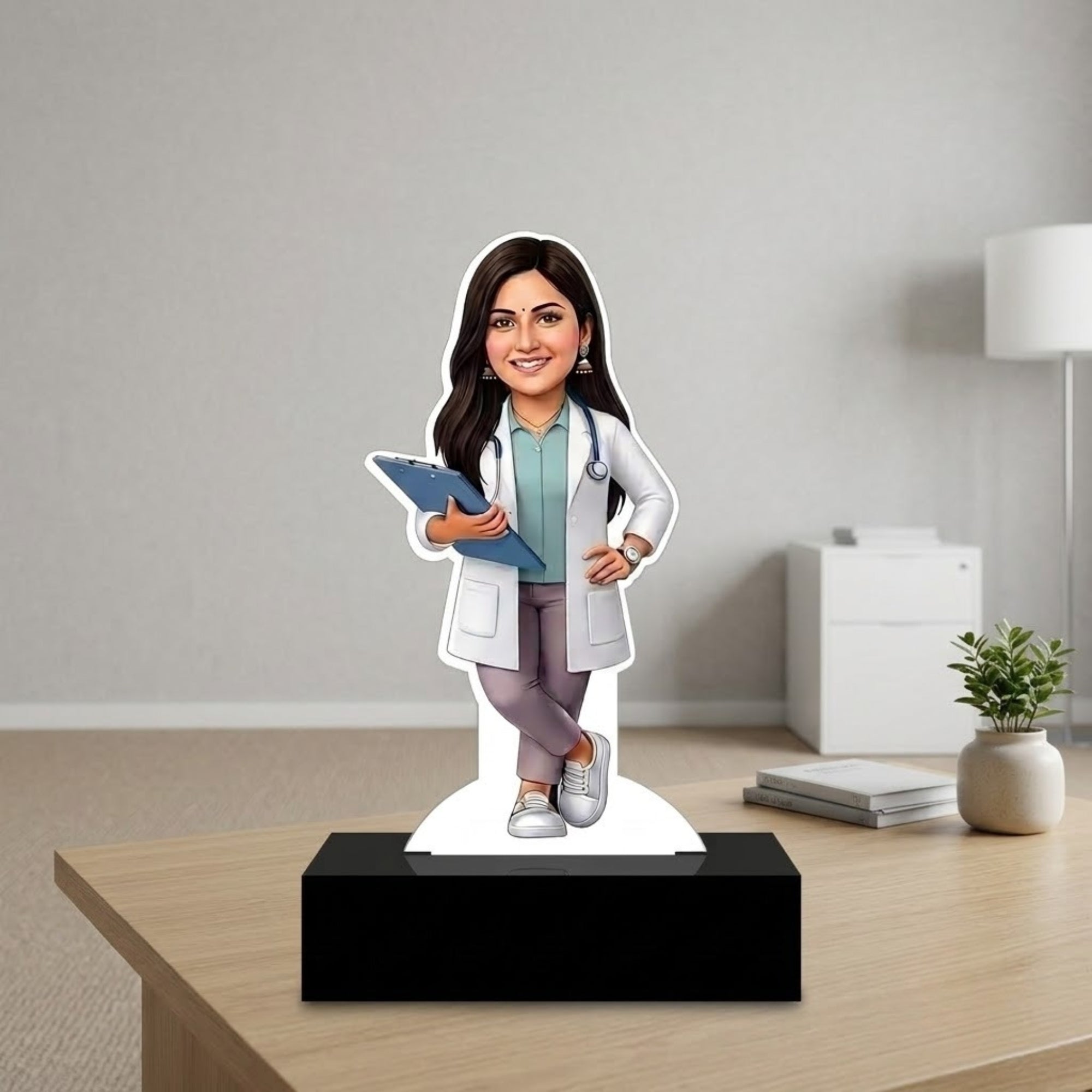Shayona Gift Shop-Personalized Female Doctor Caricature Standee with Name Plate | Custom Photo Gift for Lady Doctor, Medical Student & Graduation
