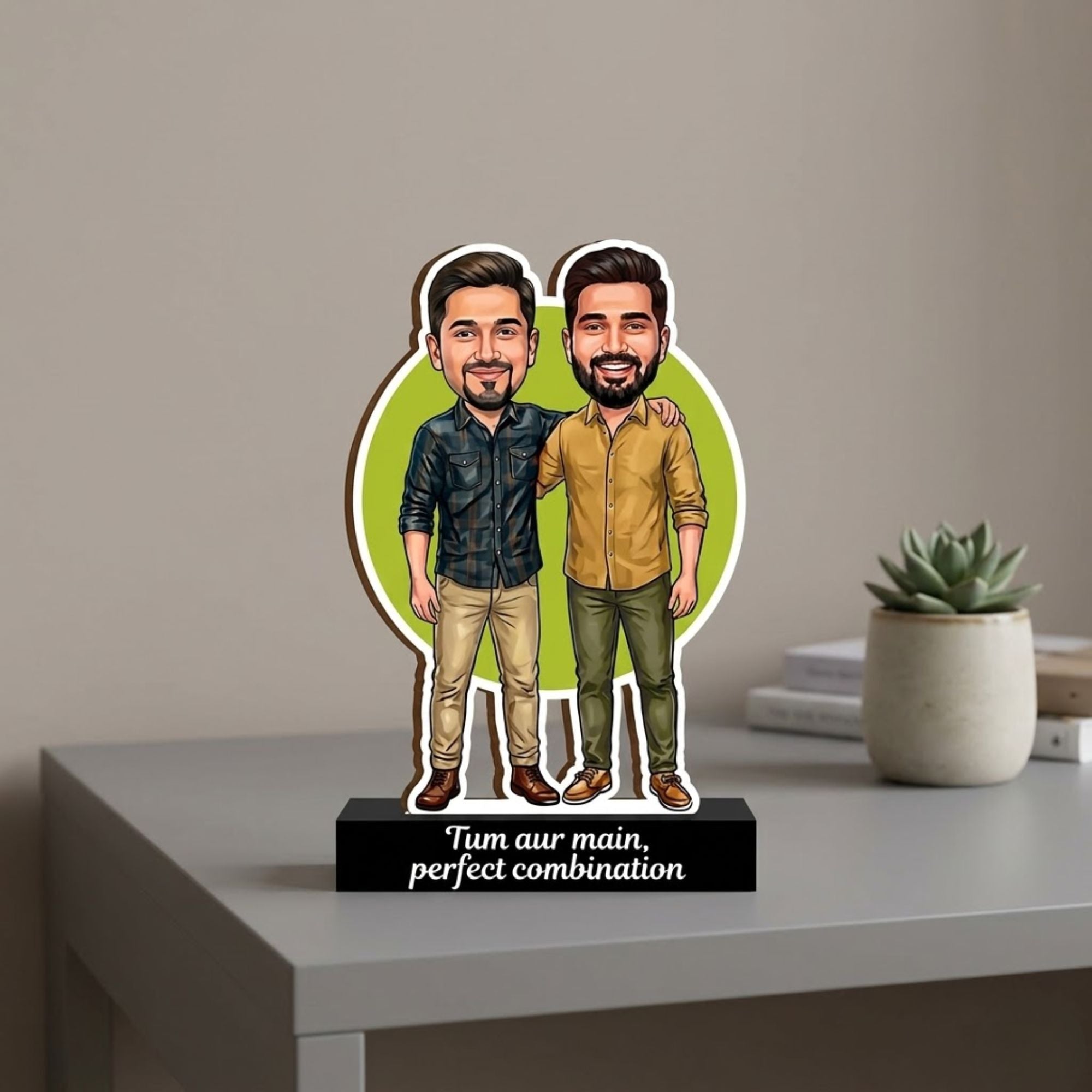 Shayona Gift Shop-Personalized Two Men Caricature Acrylic Standee | Custom Friends & Brothers Photo Cutout Gift | "Tum Aur Main" Tabletop Gift Rakhi Gift