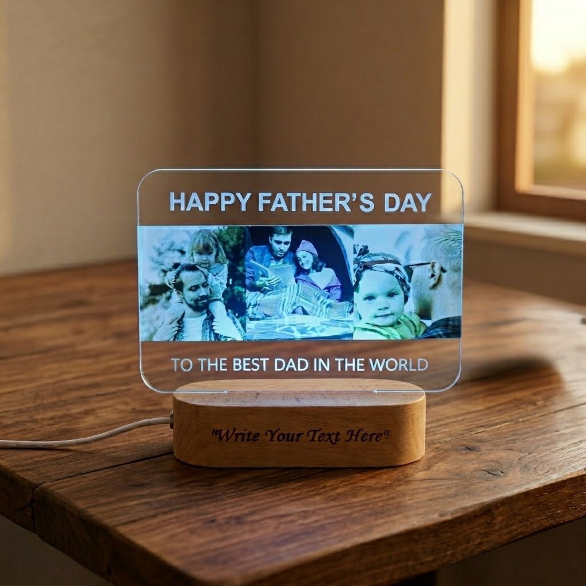 Shayona Gift Shop-Personalized Happy Father's Day Photo Acrylic LED Lamp with Wooden Base – Custom "To The Best Dad In The World" Light Plaque for Father's Day, Birthday & Desk Decor