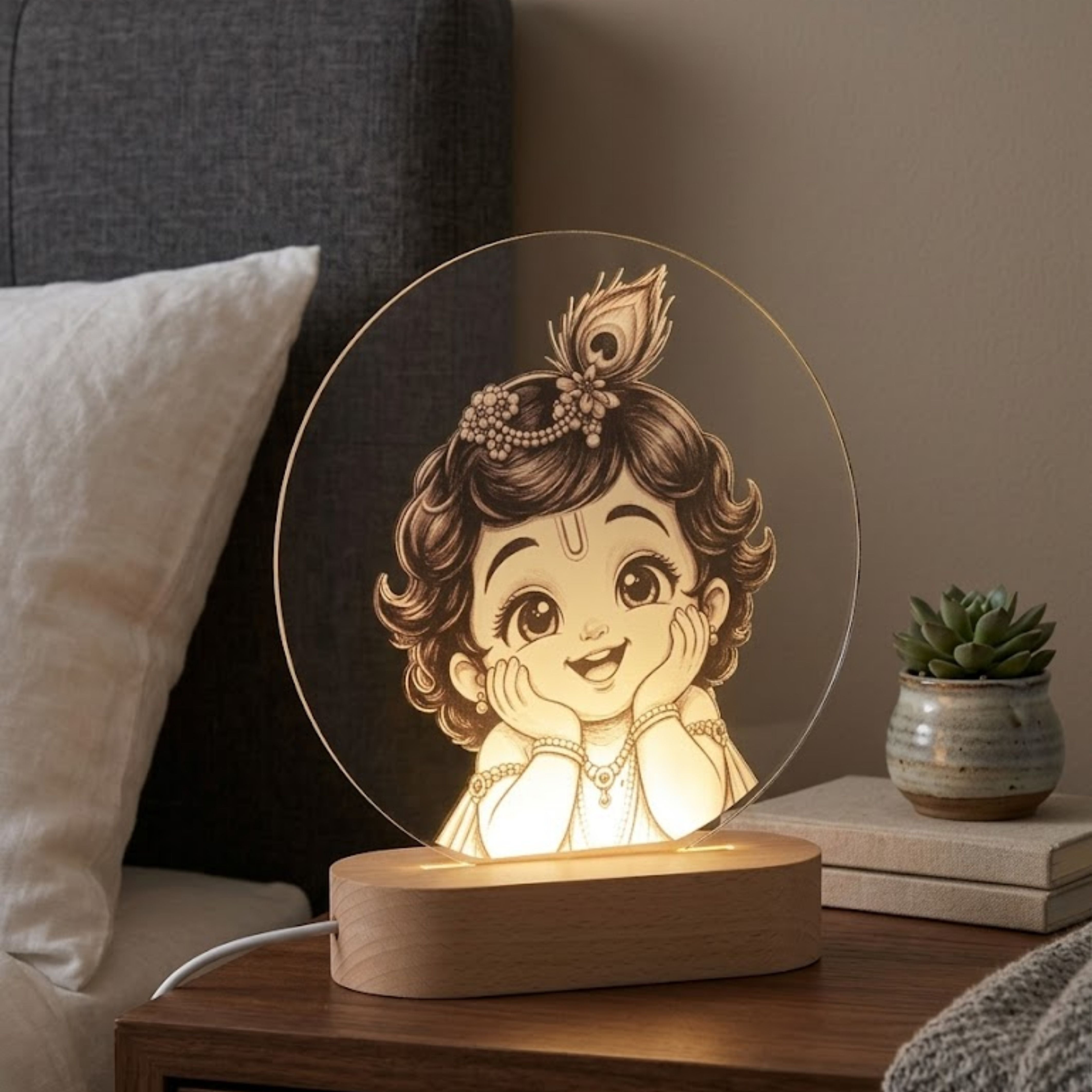Shayona Gift Shop-Cute Bal Krishna LED Night Lamp with Wooden Base | 3D Acrylic Table Lamp | Spiritual Home Decor & Gift