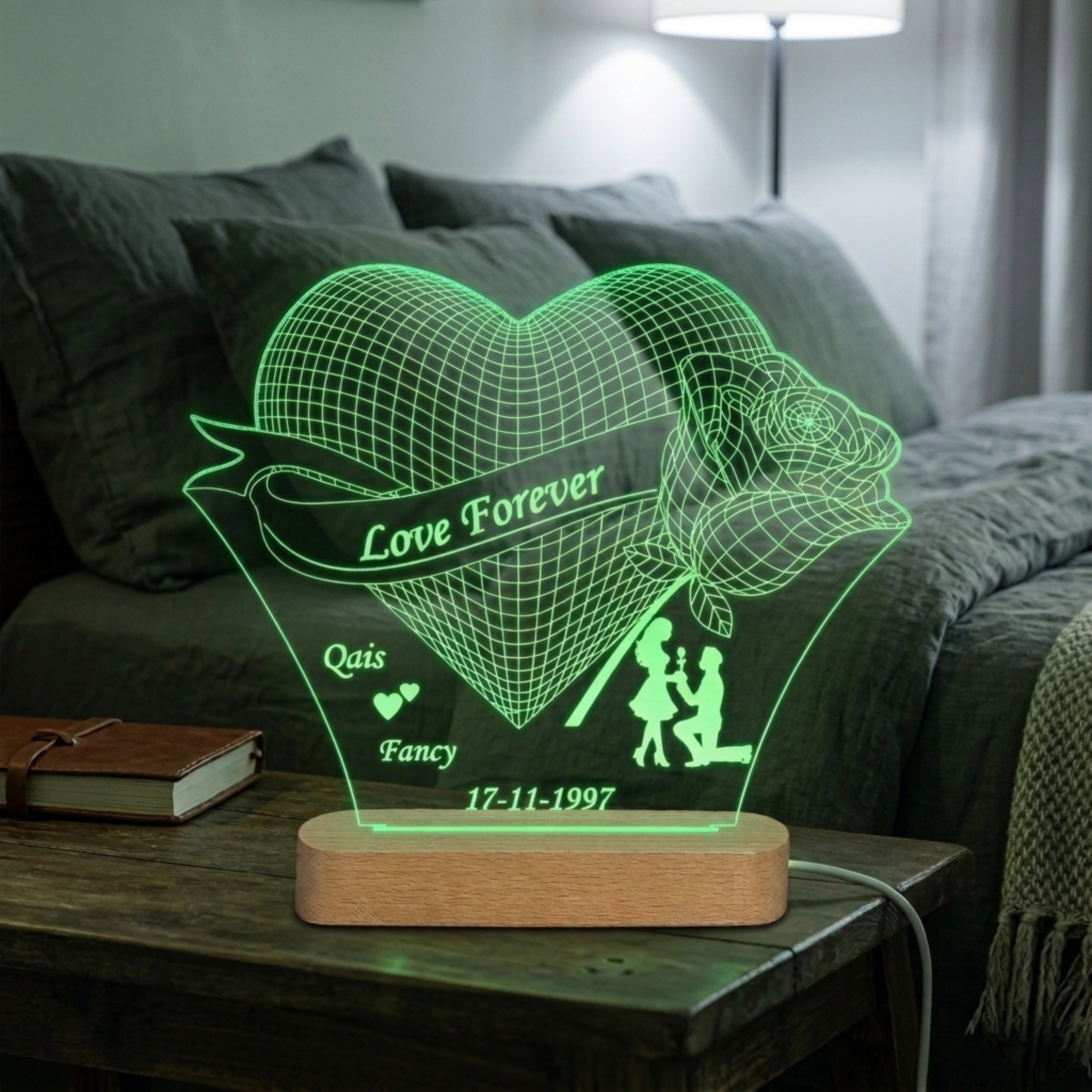 Shayona Gift Shop-Personalized 3D Heart Rose Acrylic LED Lamp – Custom Couple Names, Proposal Silhouette & Date Romantic Night Light