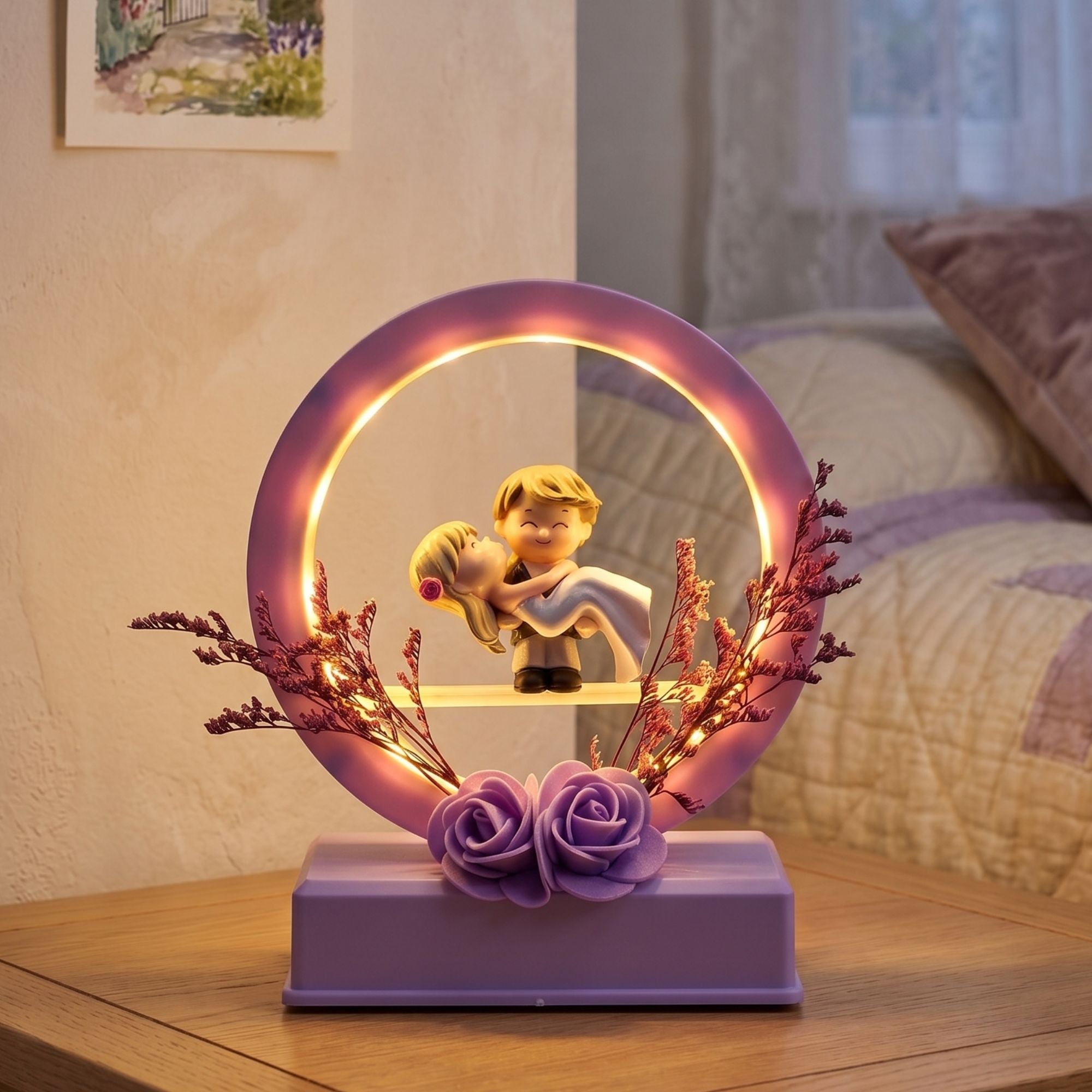 Shayona Gift Shop-Romantic Couple LED Night Light, Cute Bride and Groom Figurine Lamp, Purple Rose Floral Ring Table Ornament, Anniversary Gift for Wife Girlfriend, Wedding Keepsake, Valentine's Day