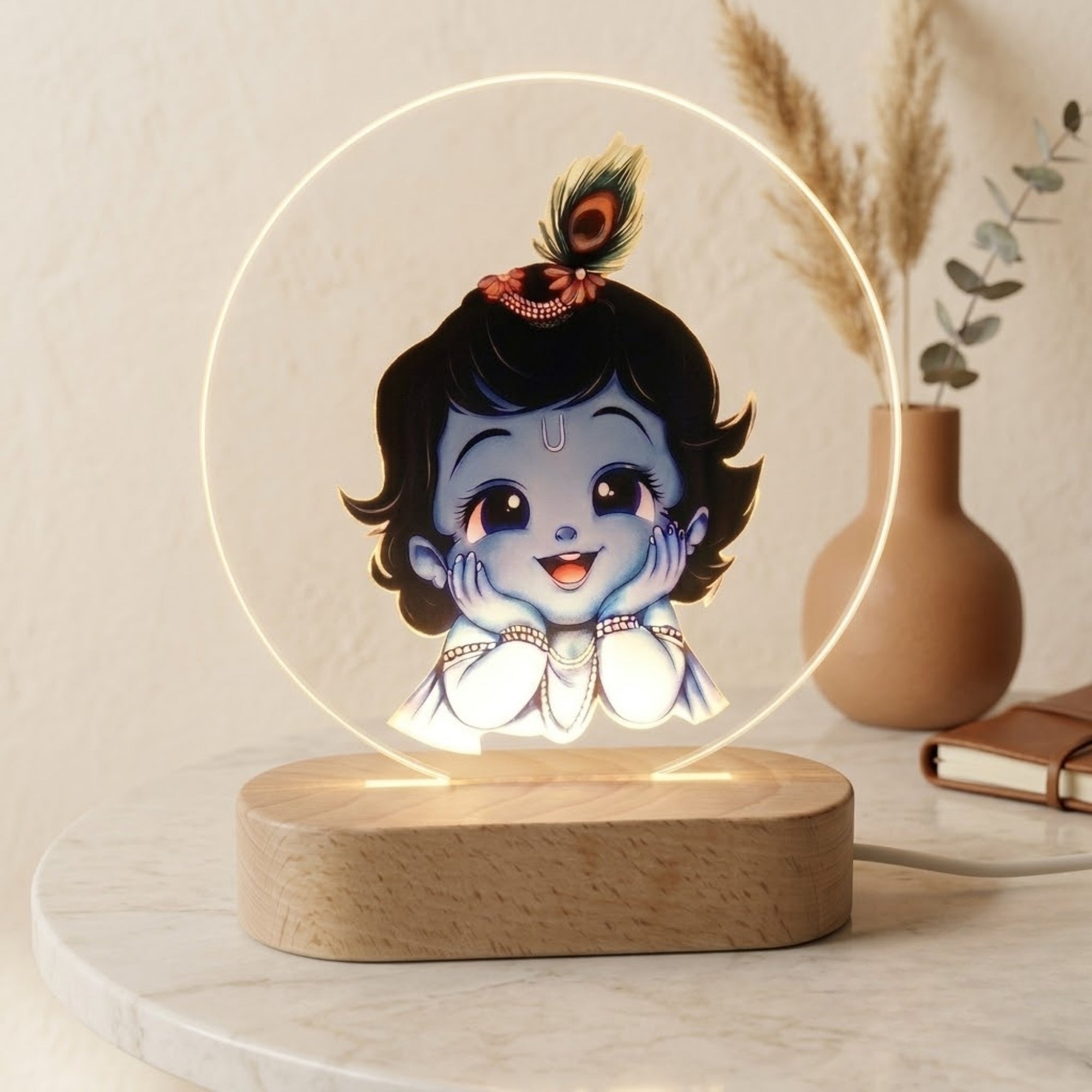 Shayona Gift Shop-Bal Krishna LED Table Lamp | Kanha Ji Night Light with Wooden Base | Krishna Decorative Lamp for Bedroom, Pooja Room & Home Decor