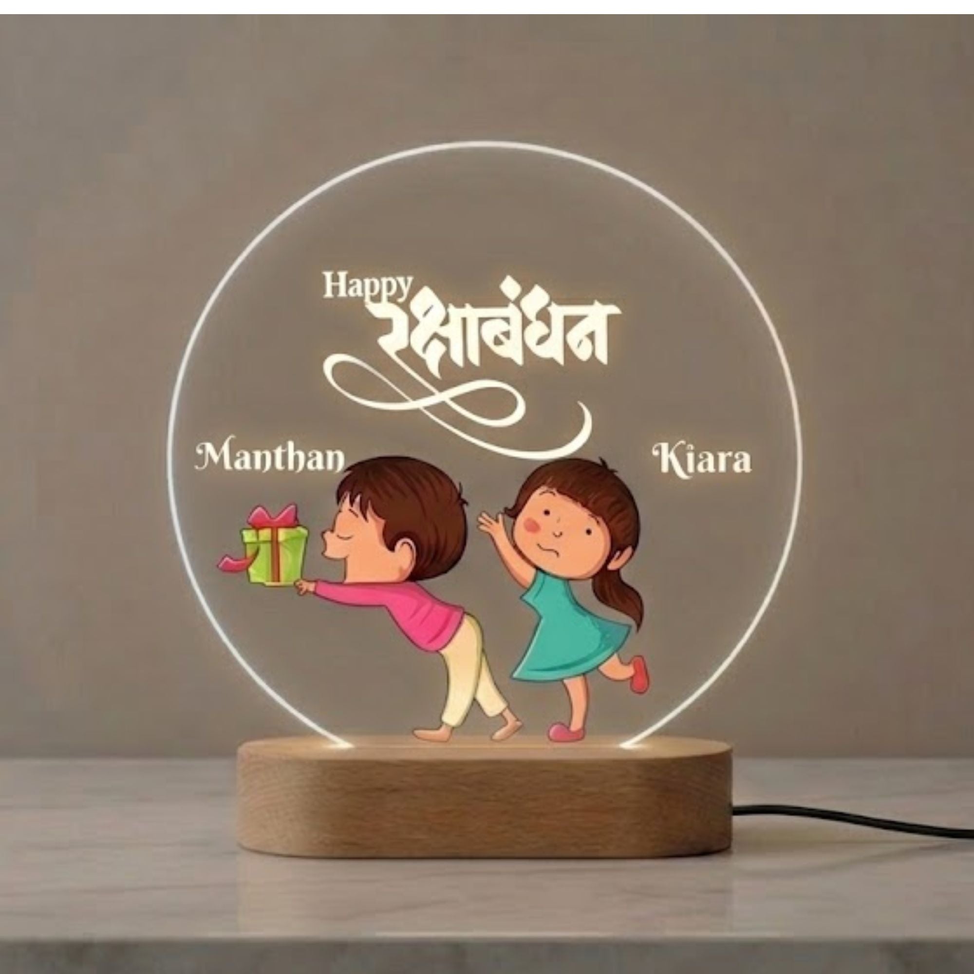 Shayona Gift Shop-Personalized Rakshabandhan Brother Sister Acrylic LED Night Light – Custom Engraved Name Lamp with Cute Brother Giving Gift Illustration & Wooden Base, Rakhi Gift for Sister & Brother