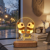 Shayona Gift Shop-Personalized Cute Couple Panda Acrylic LED Night Light - Custom Name Engraved 3D Illusion Lamp, Warm Glow Wooden Base, Aesthetic Bedside Desk Lamp