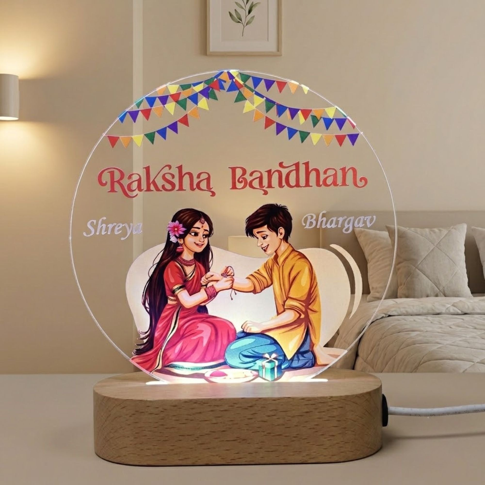 Shayona Gift Shop-Personalized Raksha Bandhan 3D Acrylic LED Night Light | Customized Brother & Sister Name Desk Lamp with Wooden Base | Special Rakhi Gift for Brother & Sister