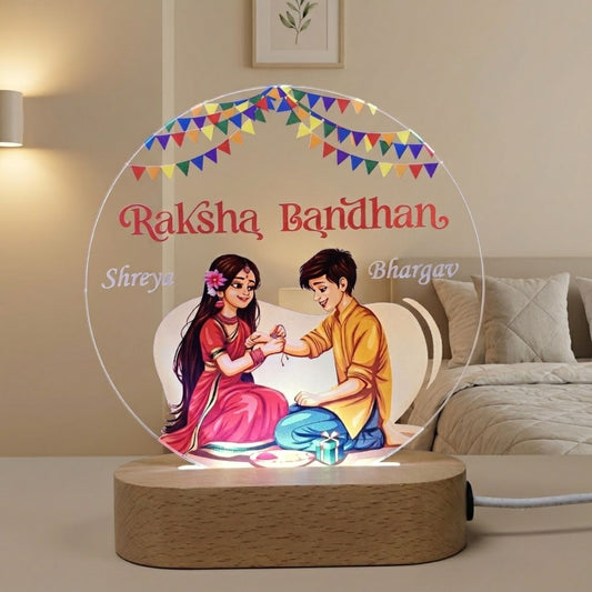 Shayona Gift Shop-Personalized Raksha Bandhan 3D Acrylic LED Night Light | Customized Brother & Sister Name Desk Lamp with Wooden Base | Special Rakhi Gift for Brother & Sister