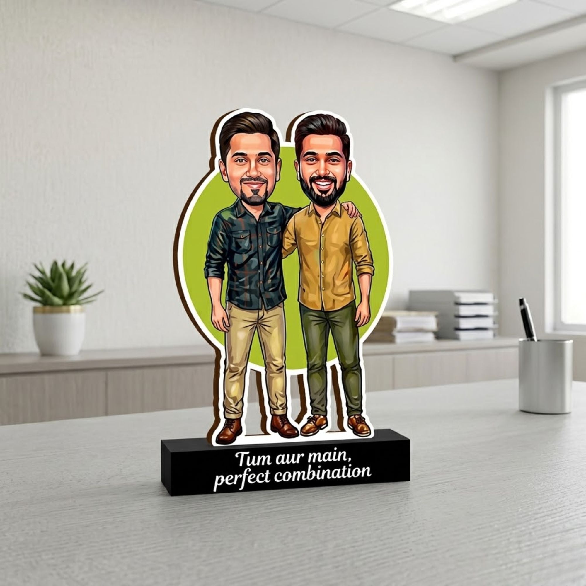 Shayona Gift Shop-Personalized Two Men Caricature Acrylic Standee | Custom Friends & Brothers Photo Cutout Gift | "Tum Aur Main" Tabletop Gift Rakhi Gift
