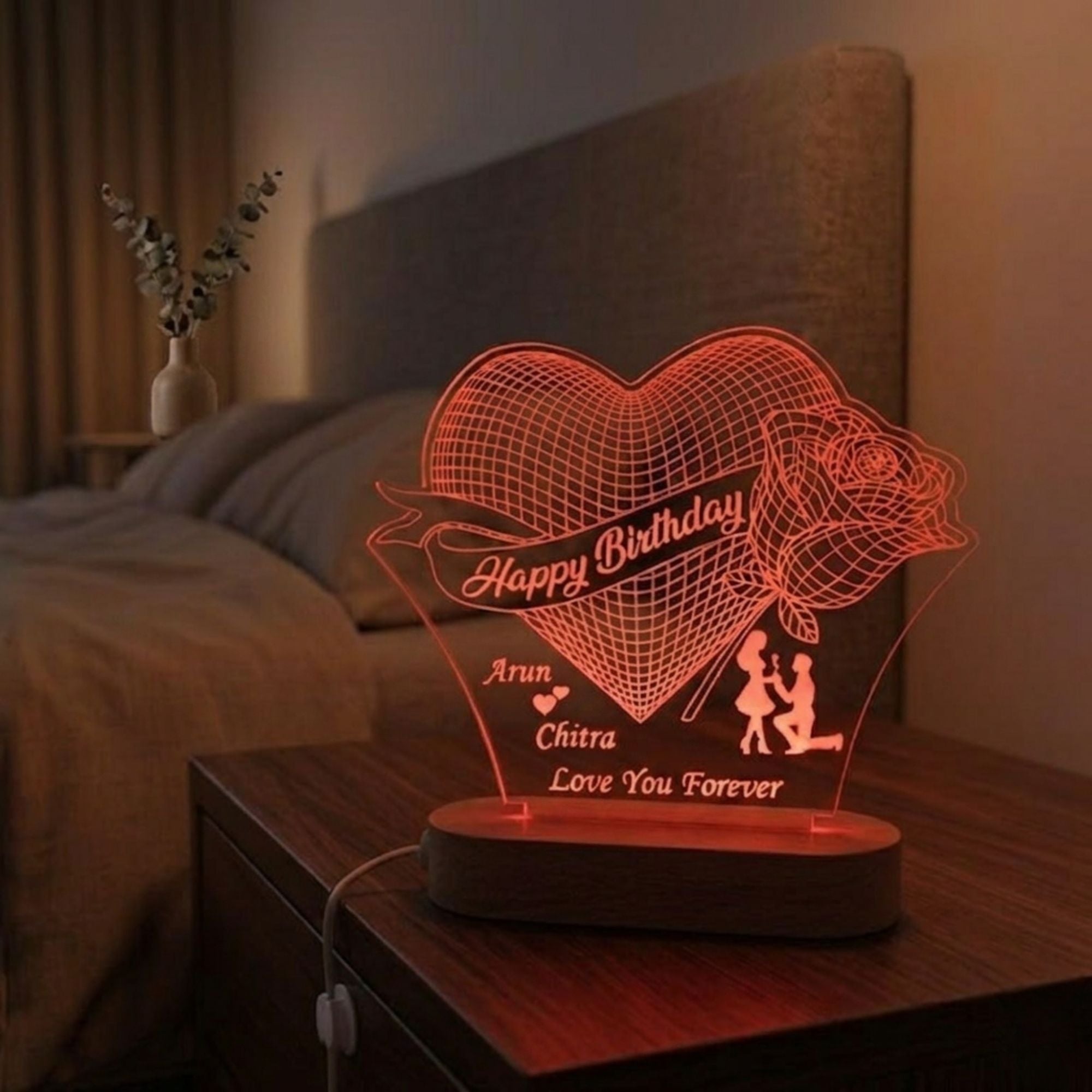 Shayona Gift Shop-Personalized Heart & Rose Birthday Acrylic LED Lamp – Custom Names, Proposal Silhouette & Loving Message Night Light